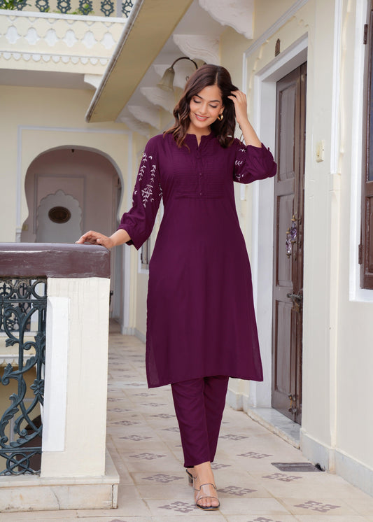 Embroidered Rayon Kurta and Pant Set