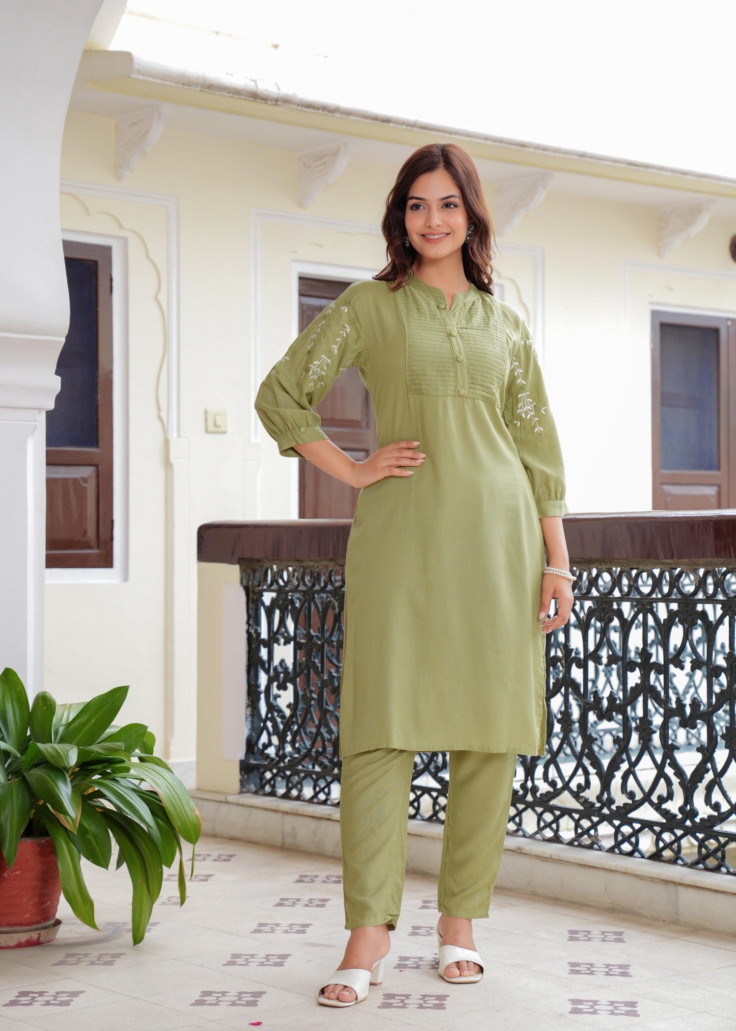 Embroidered Rayon Kurta and Pant Set