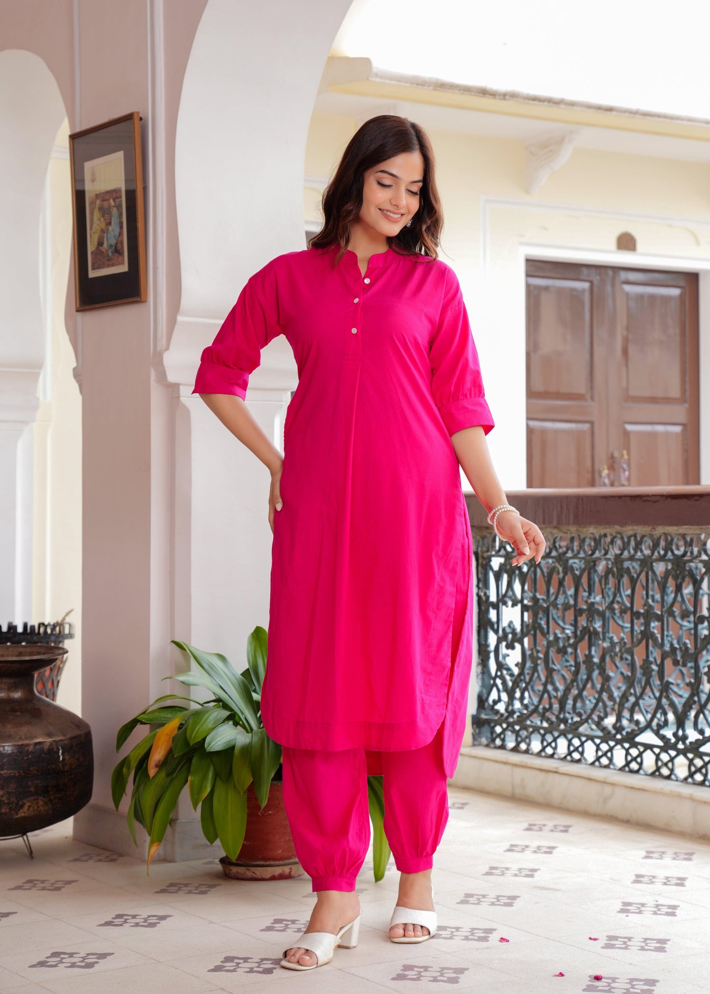 Magenta Cotton Pathani Kurta and Afghani Pant Set