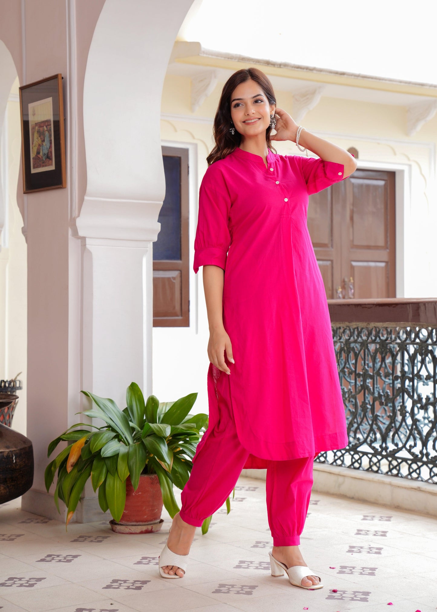 Magenta Cotton Pathani Kurta and Afghani Pant Set