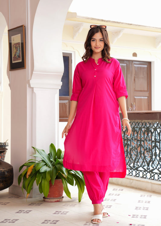 Magenta Cotton Pathani Kurta and Afghani Pant Set