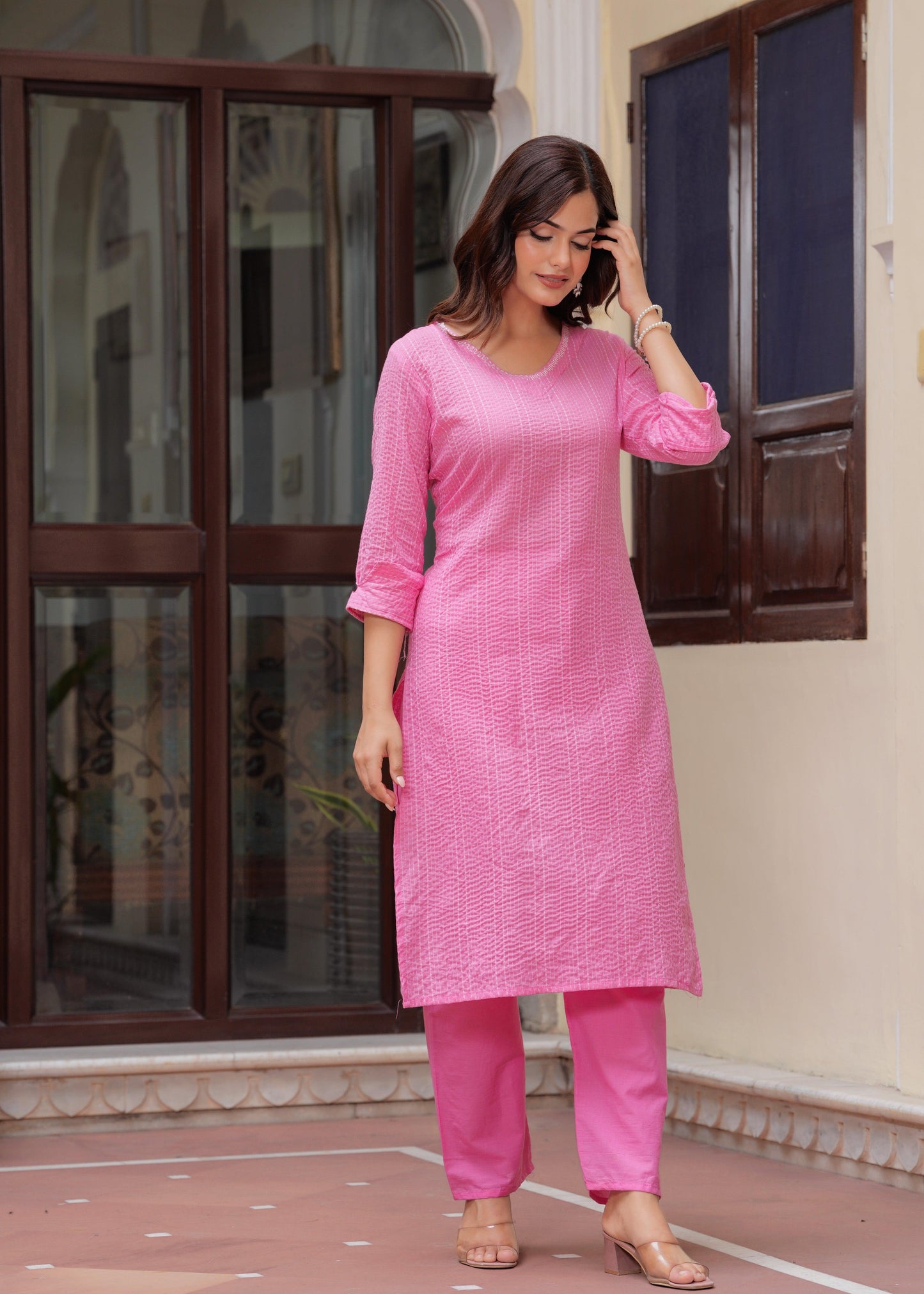 Dusty Pink Katha Cotton Kurta and Cotton Pant Set