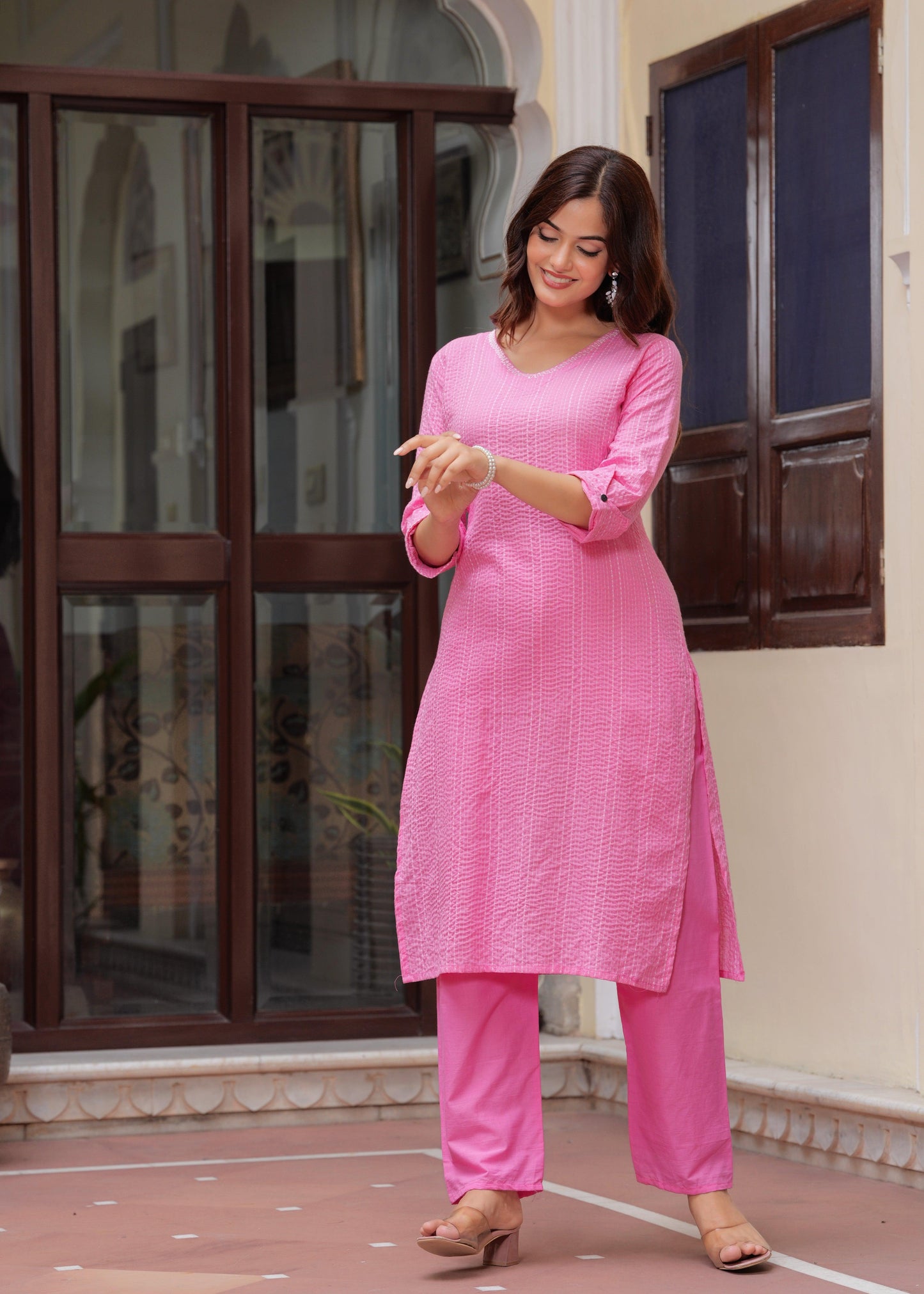 Dusty Pink Katha Cotton Kurta and Cotton Pant Set