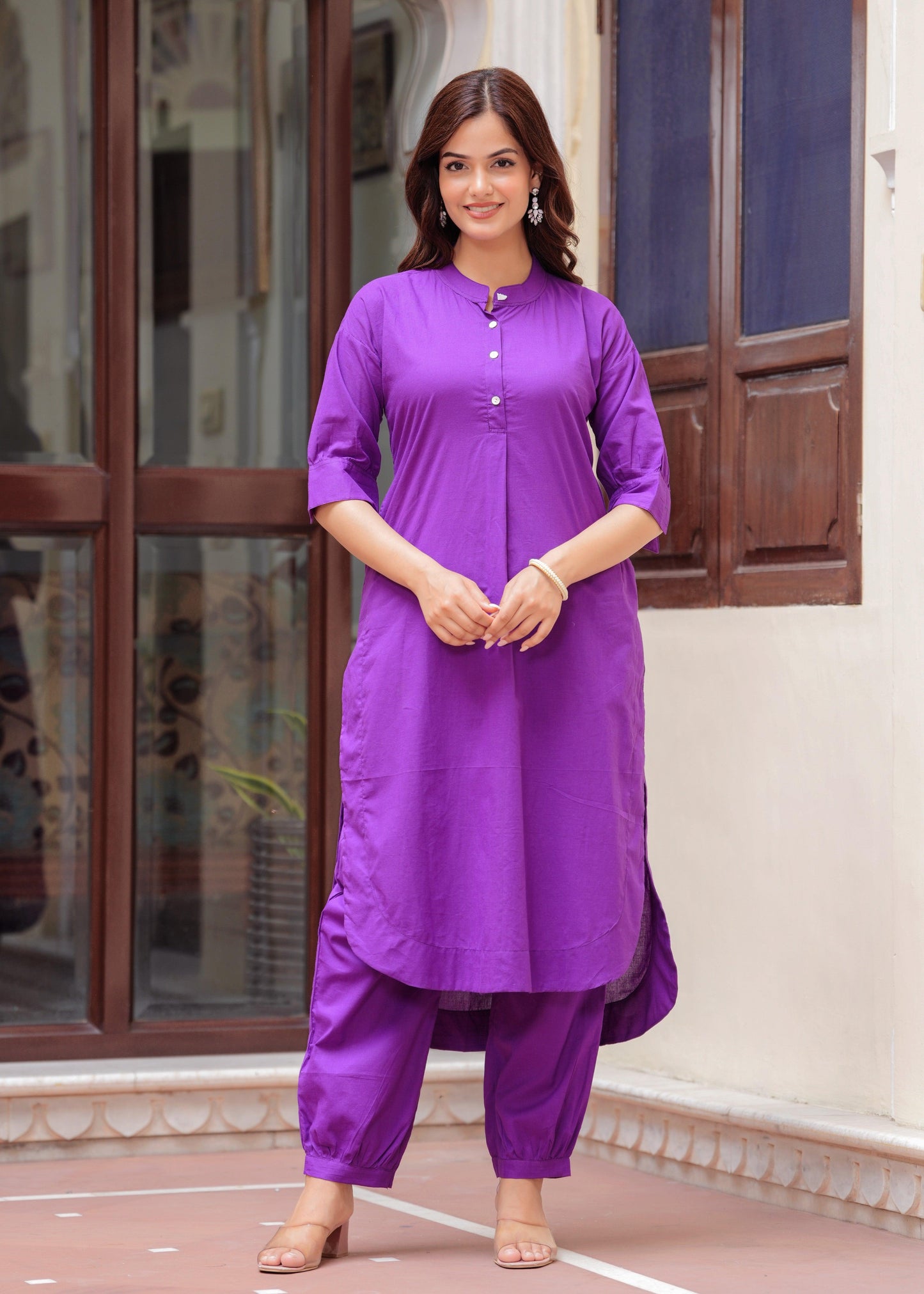 Purple Cotton Pathani Kurta and Afghani Pant Set