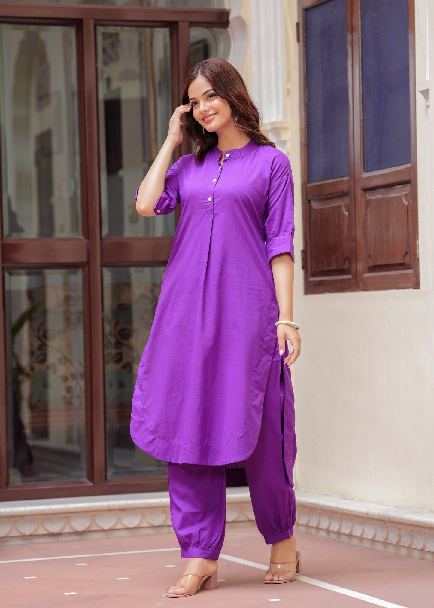 Purple Cotton Pathani Kurta and Afghani Pant Set