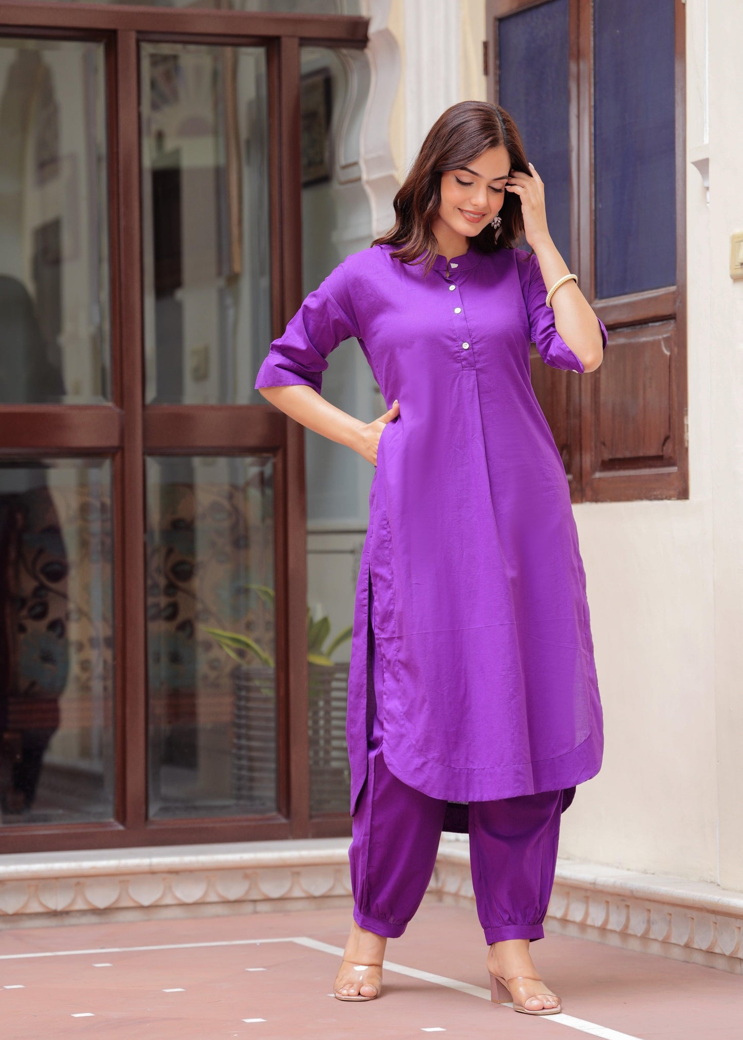 Purple Cotton Pathani Kurta and Afghani Pant Set