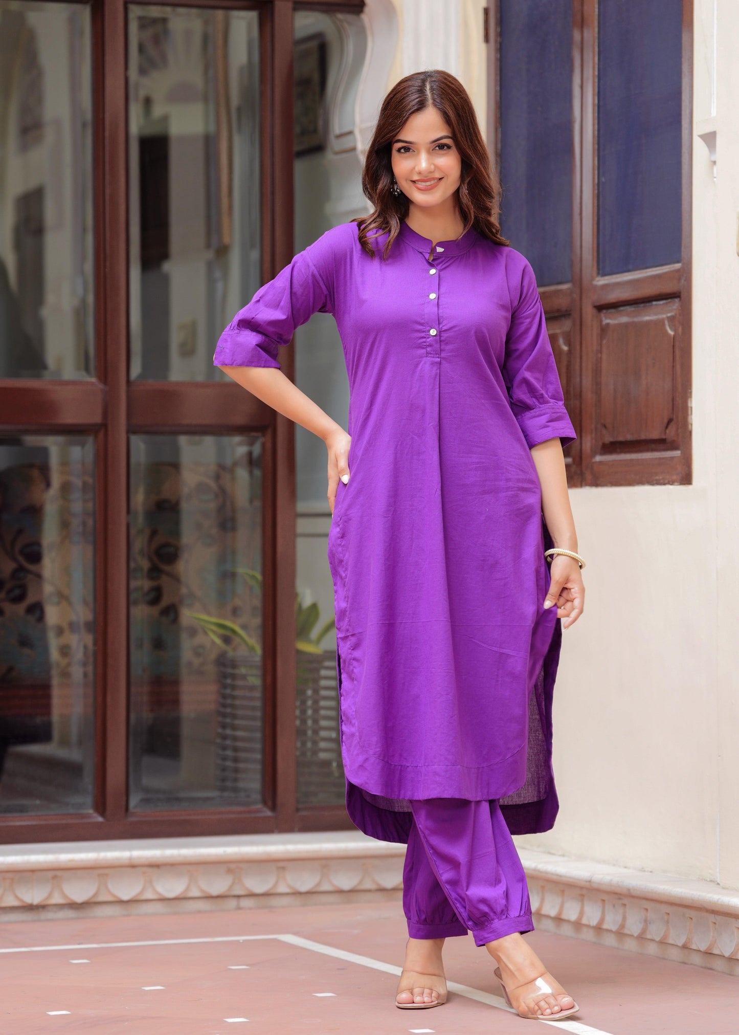 Purple Cotton Pathani Kurta and Afghani Pant Set