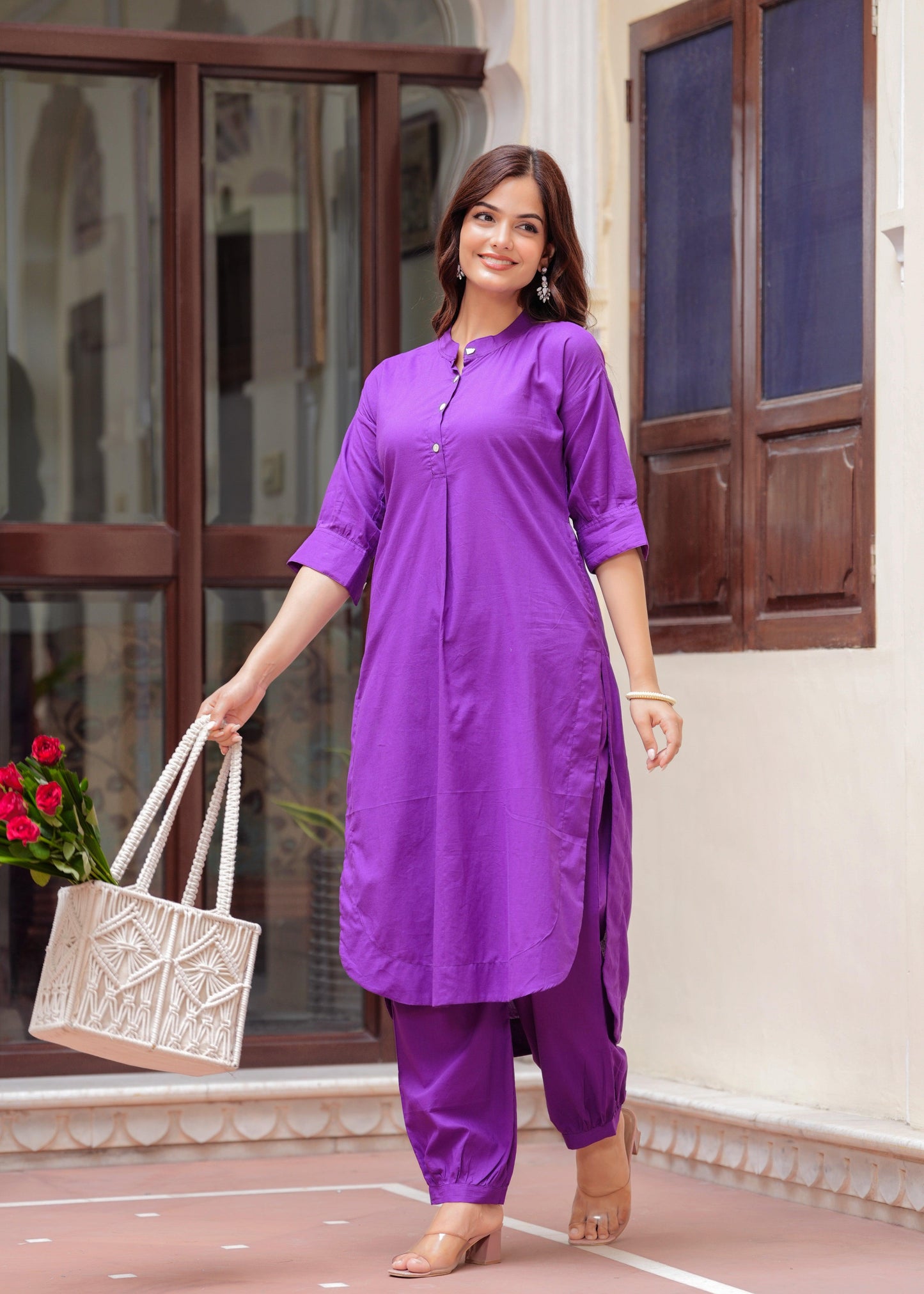 Purple Cotton Pathani Kurta and Afghani Pant Set