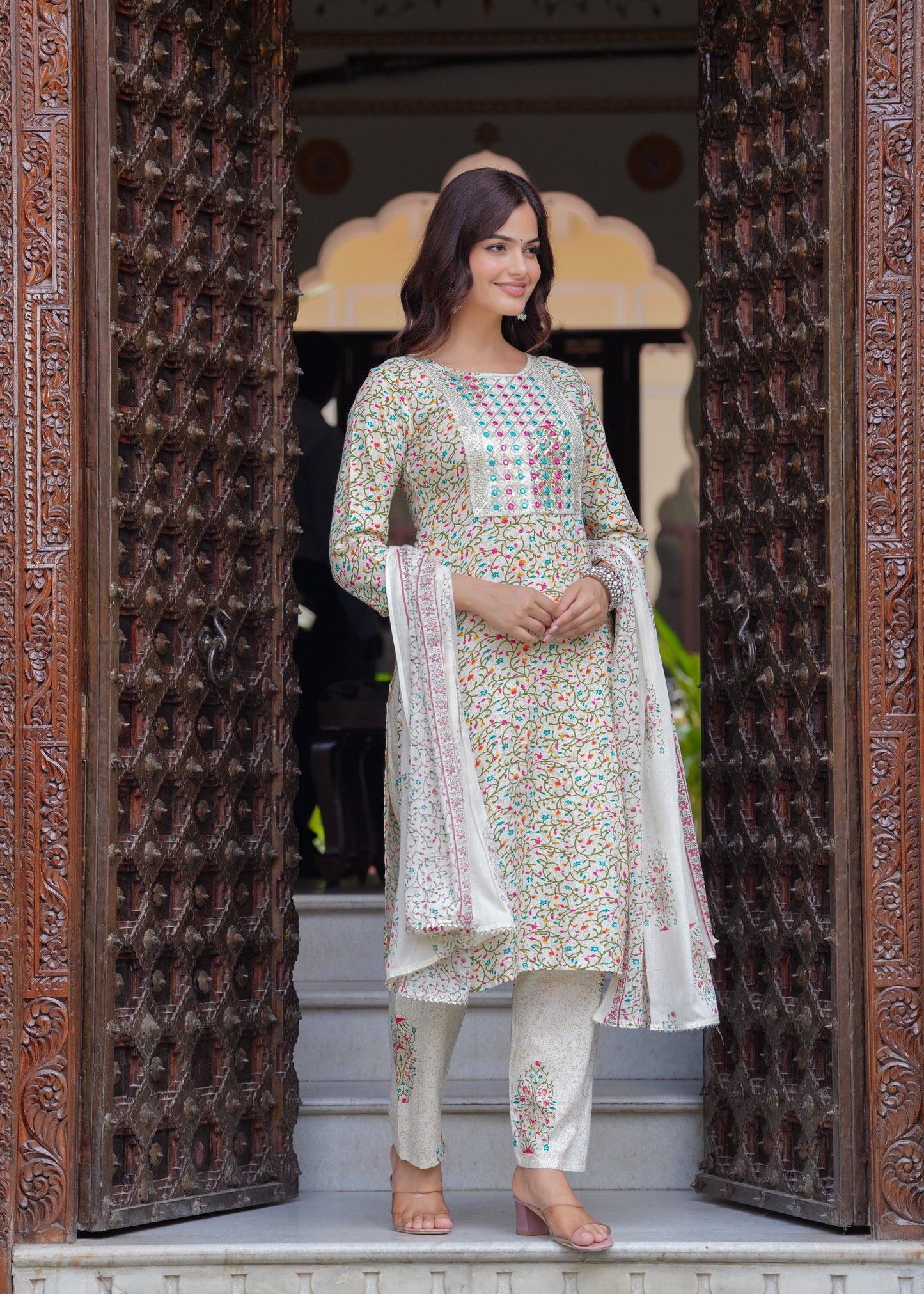 Beige Printed Rayon Kurta and Pant Set with Dupatta