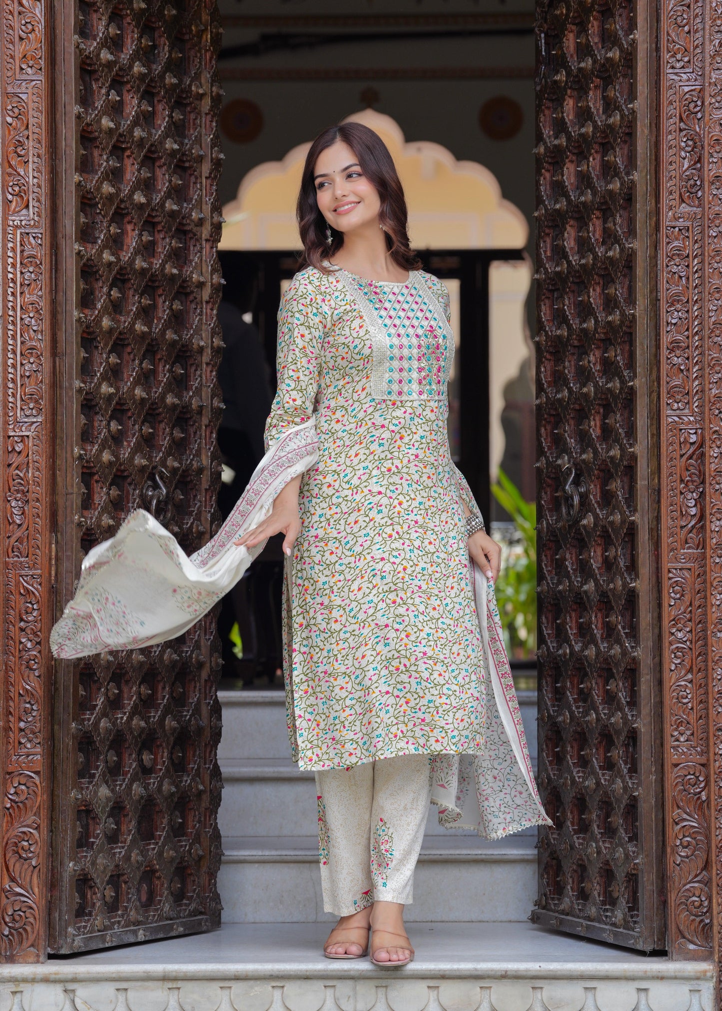 Beige Printed Rayon Kurta and Pant Set with Dupatta