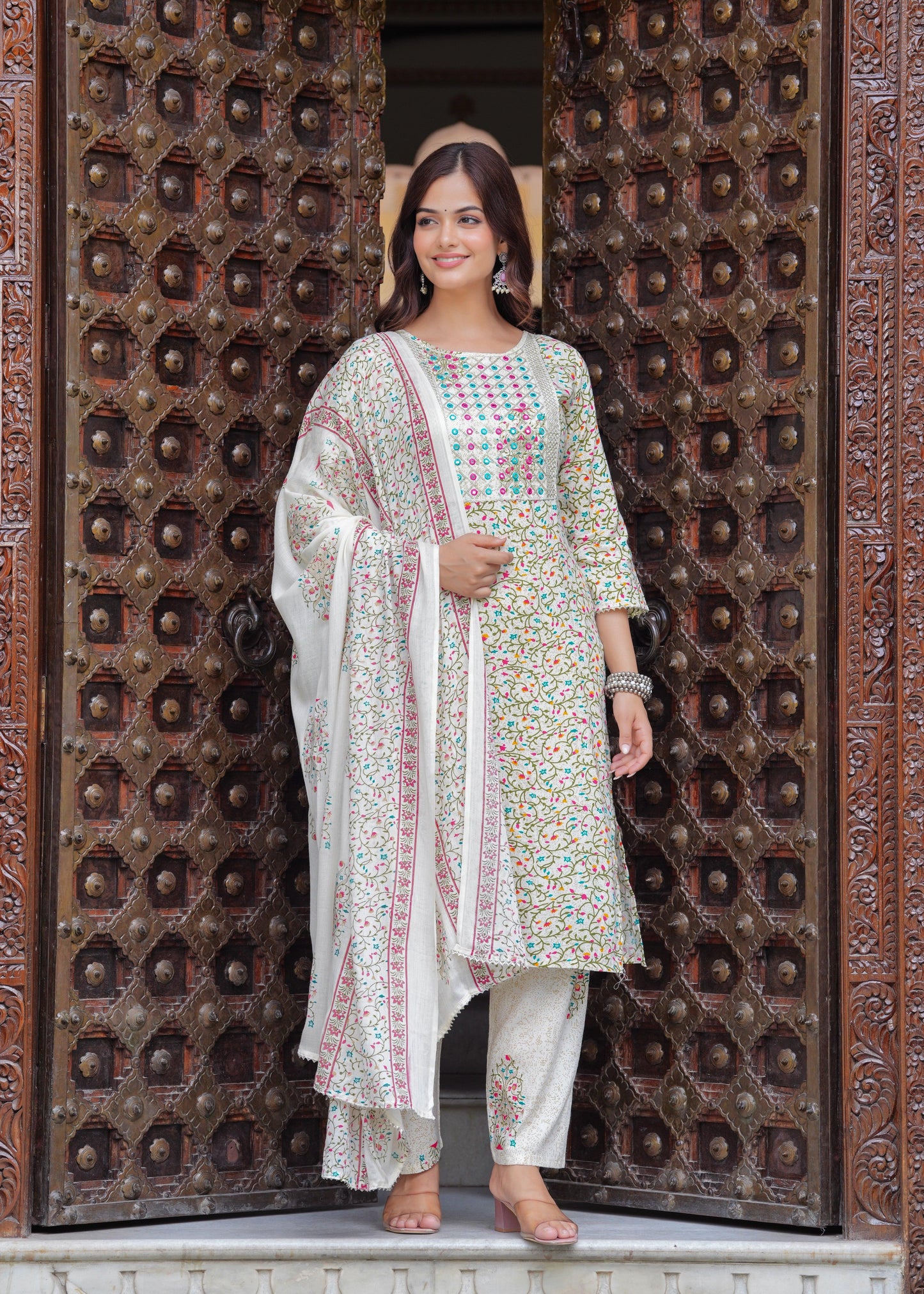 Beige Printed Rayon Kurta and Pant Set with Dupatta