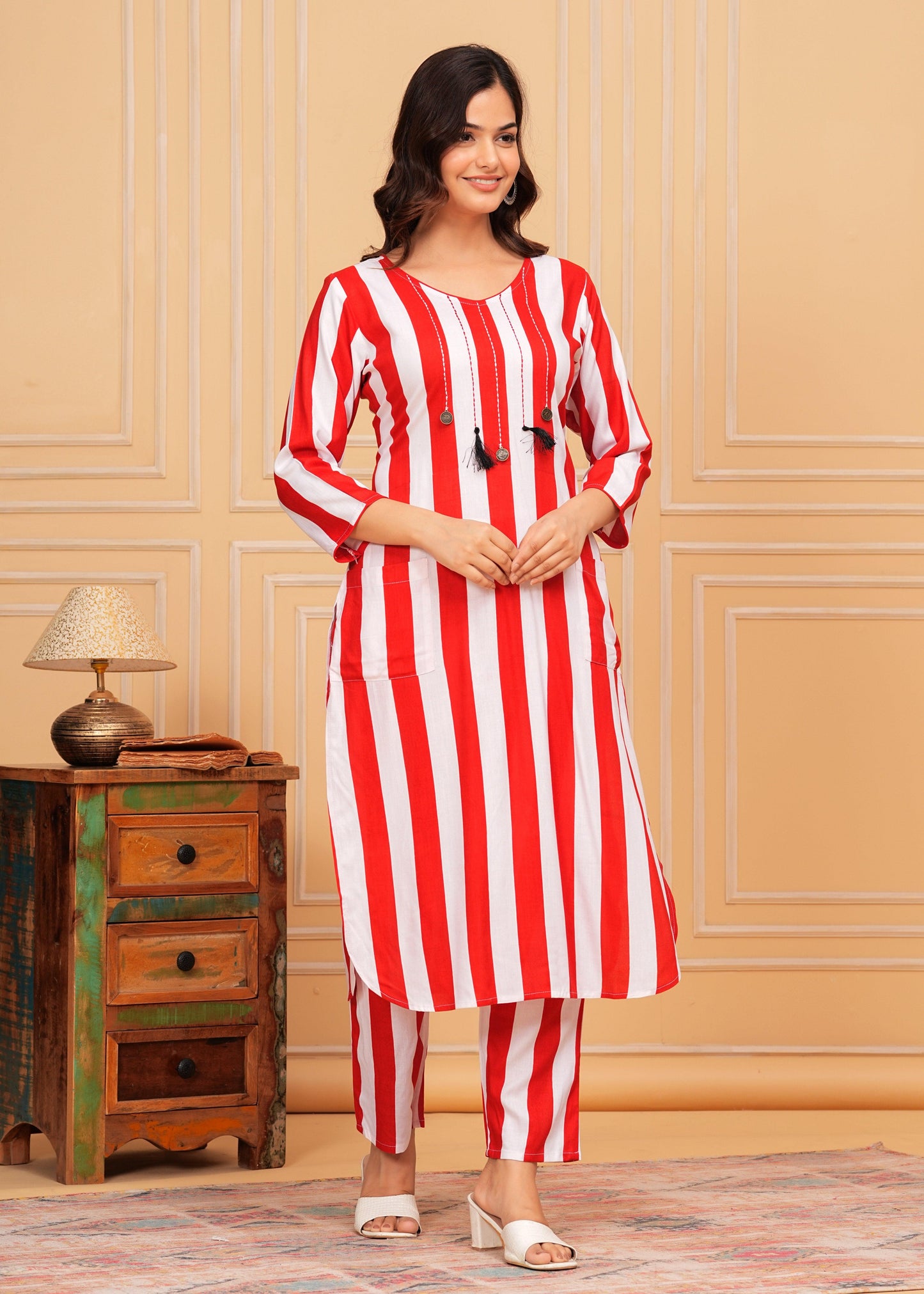 Ruby Red White Striped Rayon Kurta and Pant Set