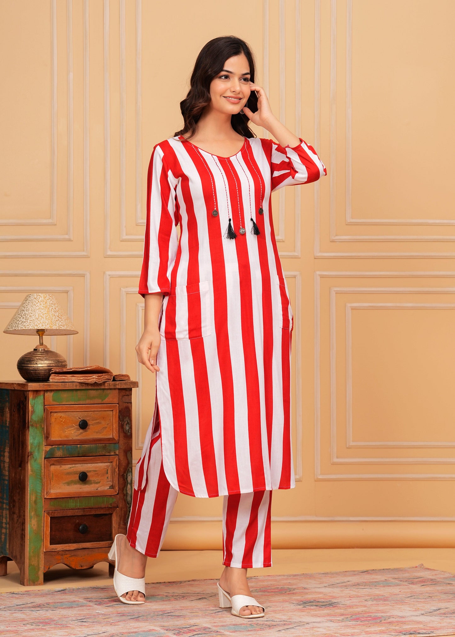 Ruby Red White Striped Rayon Kurta and Pant Set