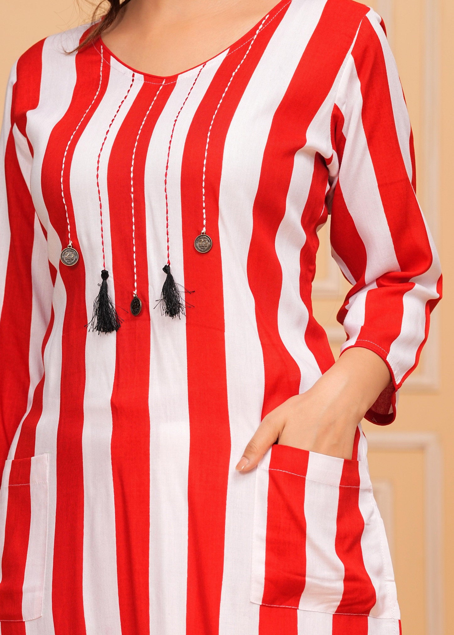 Ruby Red White Striped Rayon Kurta and Pant Set