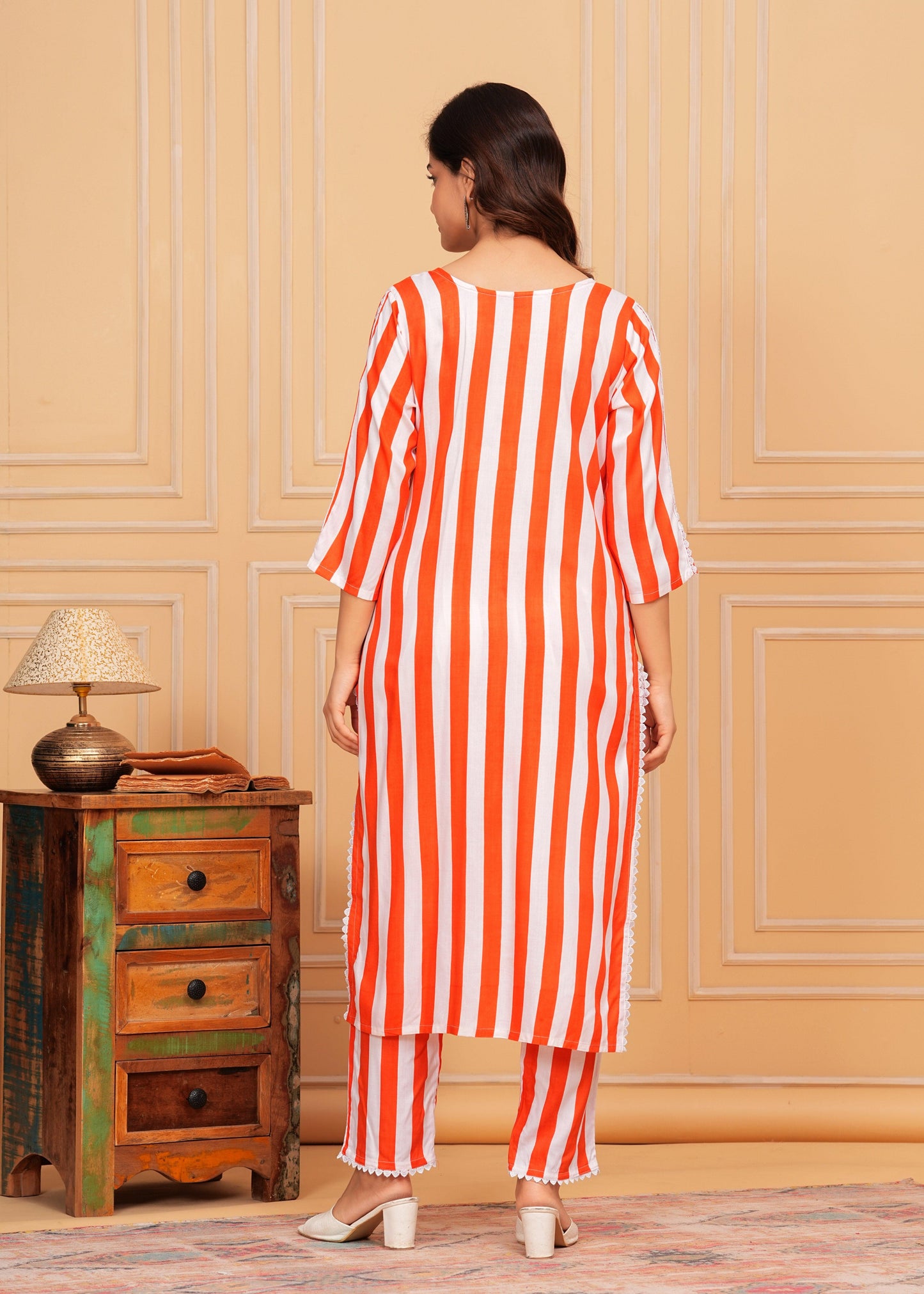 Orange White Striped Rayon Kurta and Pant Set