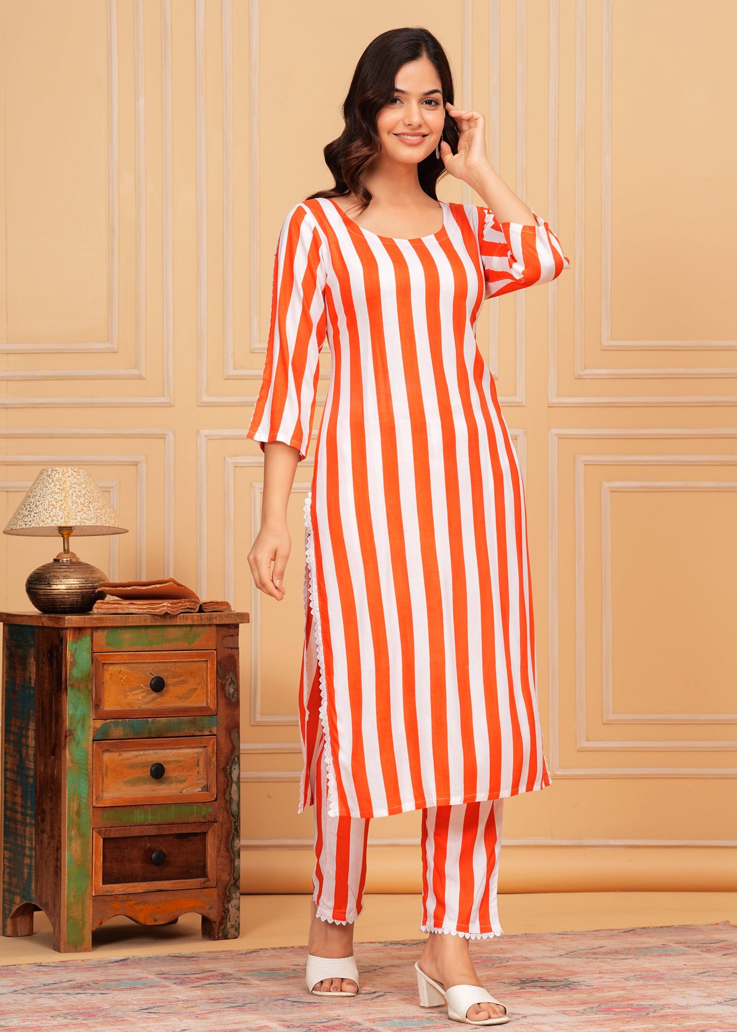 Orange White Striped Rayon Kurta and Pant Set