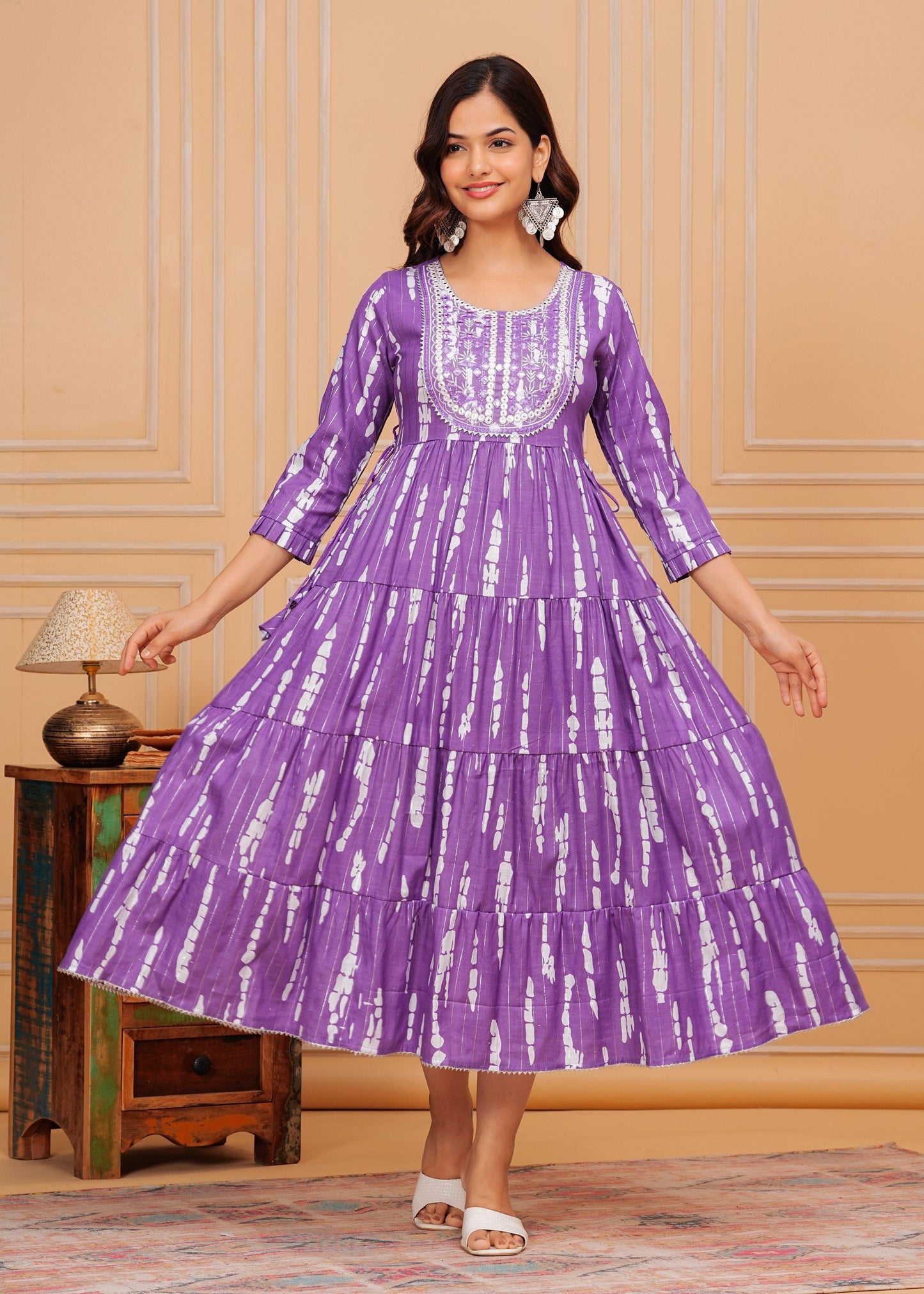 Dark Lilac Embroidered Cotton Lurex Anarkali Gown