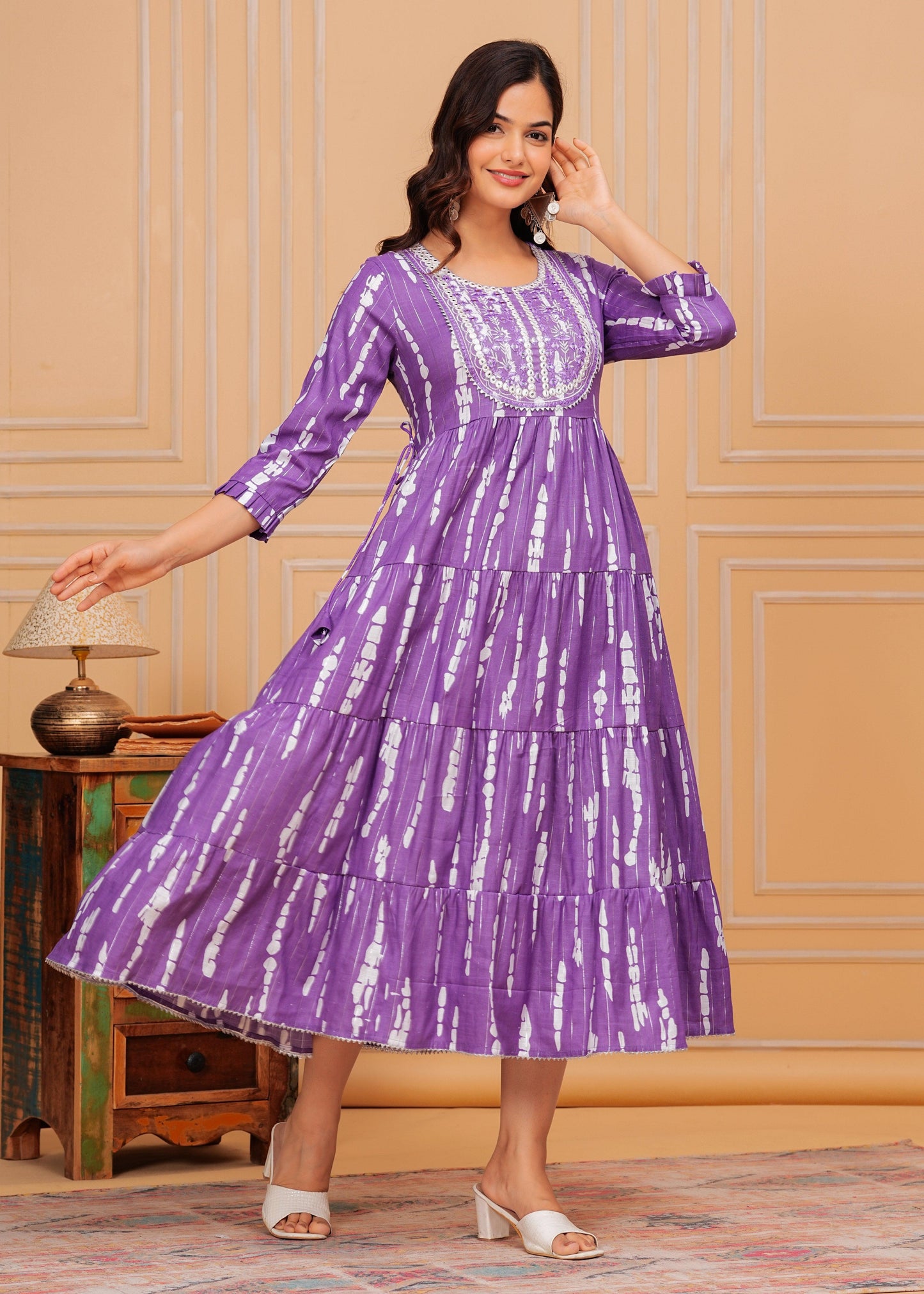 Dark Lilac Embroidered Cotton Lurex Anarkali Gown