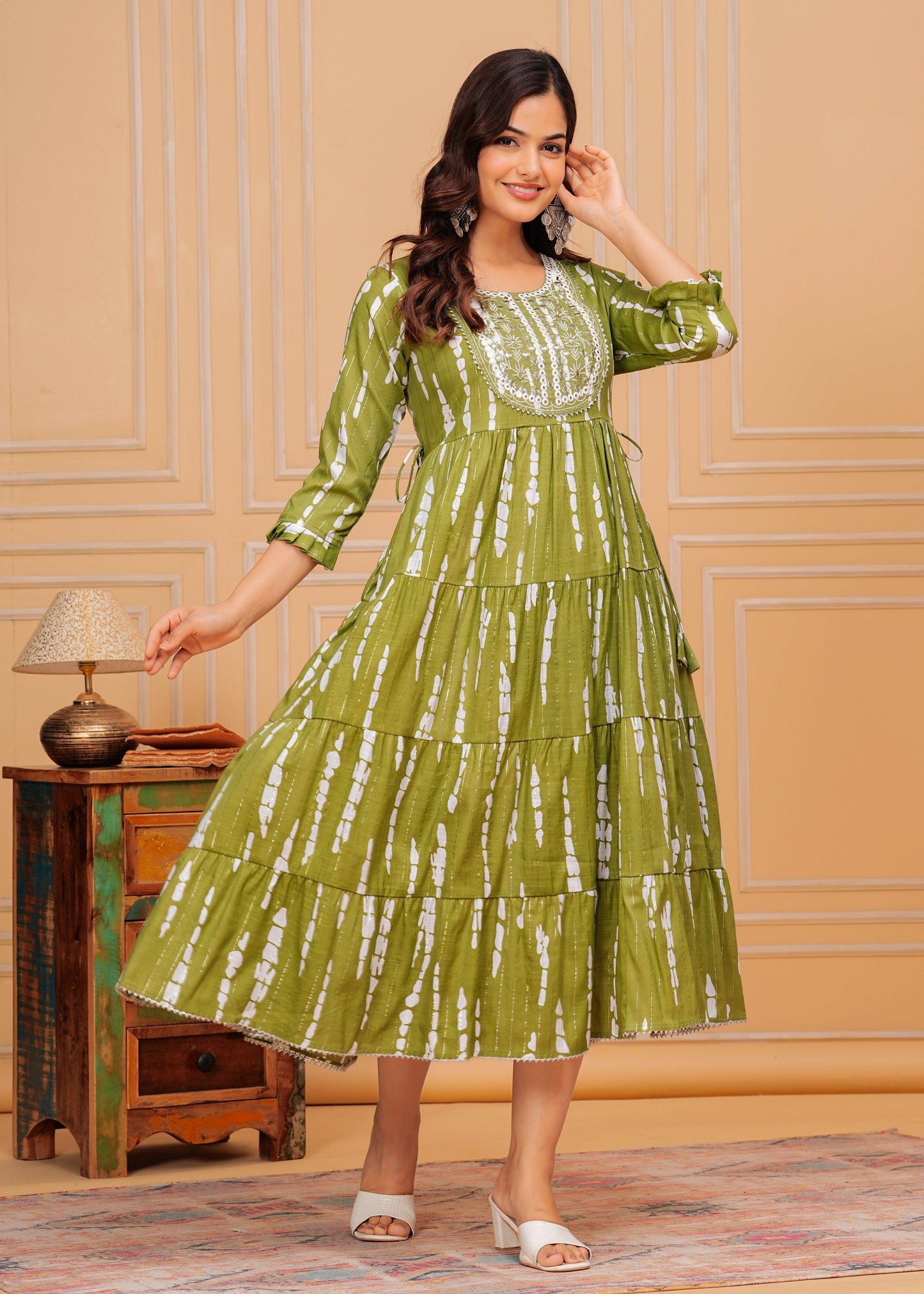 Trendy Green Embroidered Cotton Lurex Anarkali Gown