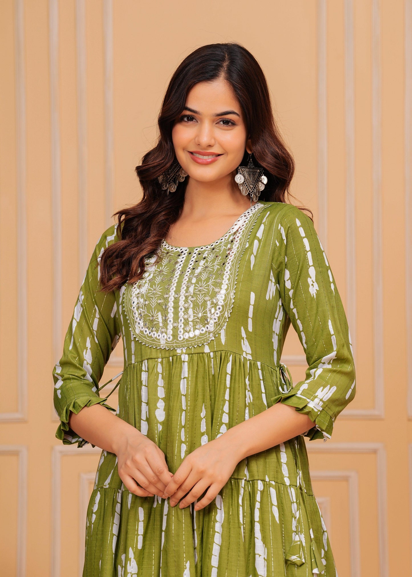 Trendy Green Embroidered Cotton Lurex Anarkali Gown