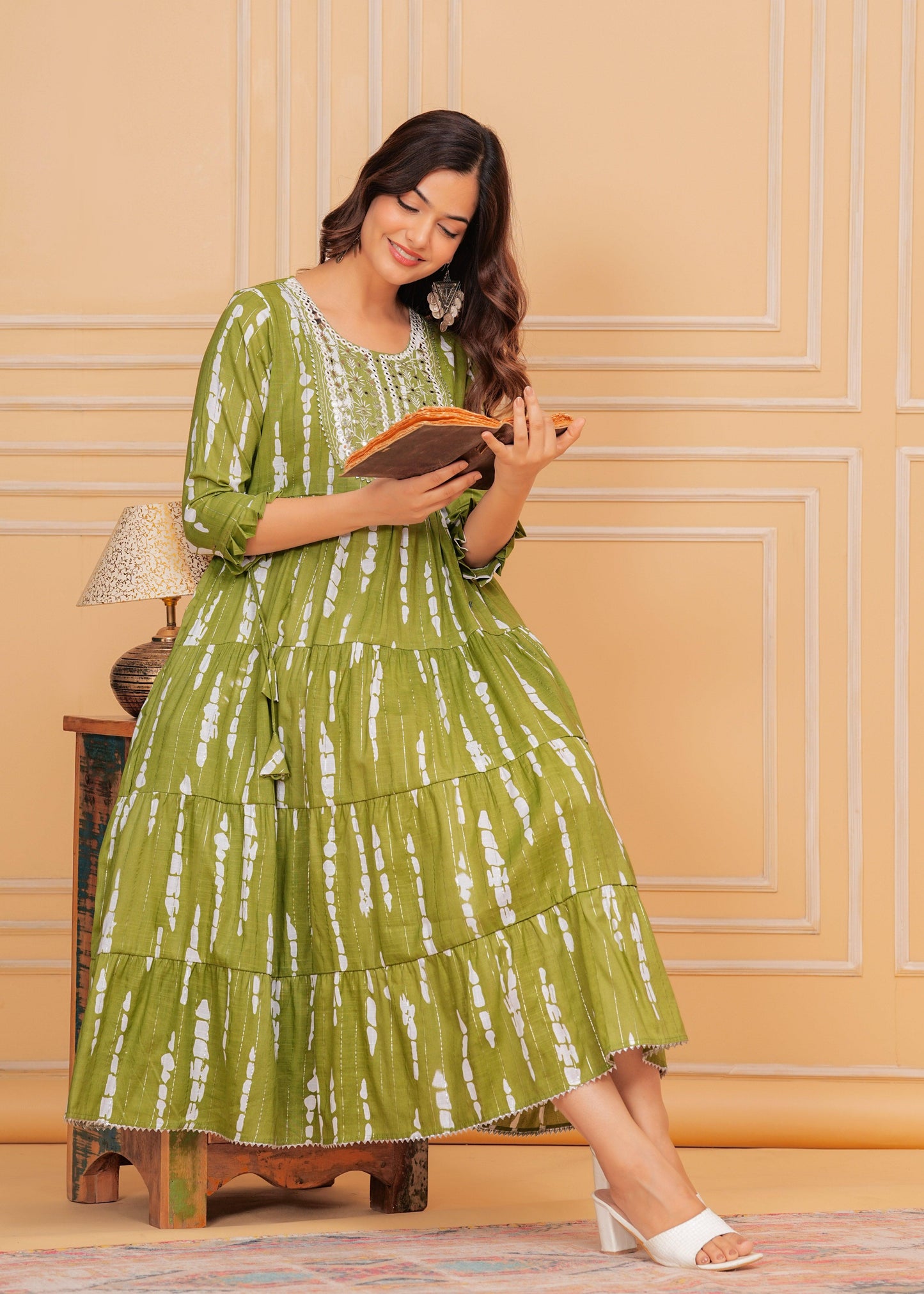 Trendy Green Embroidered Cotton Lurex Anarkali Gown