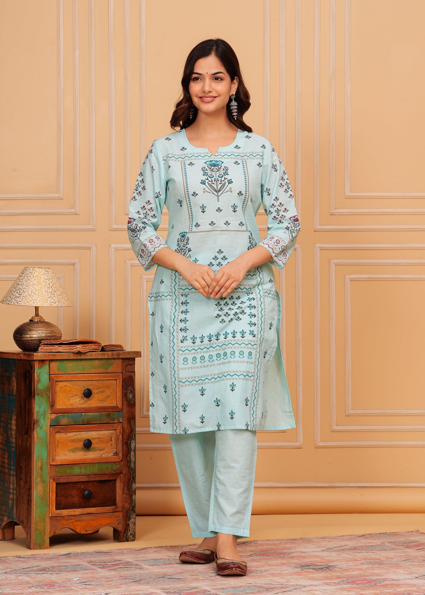 Pale Aqua Printed Cotton Kurta and Pant Set with Mulmul Dupatta