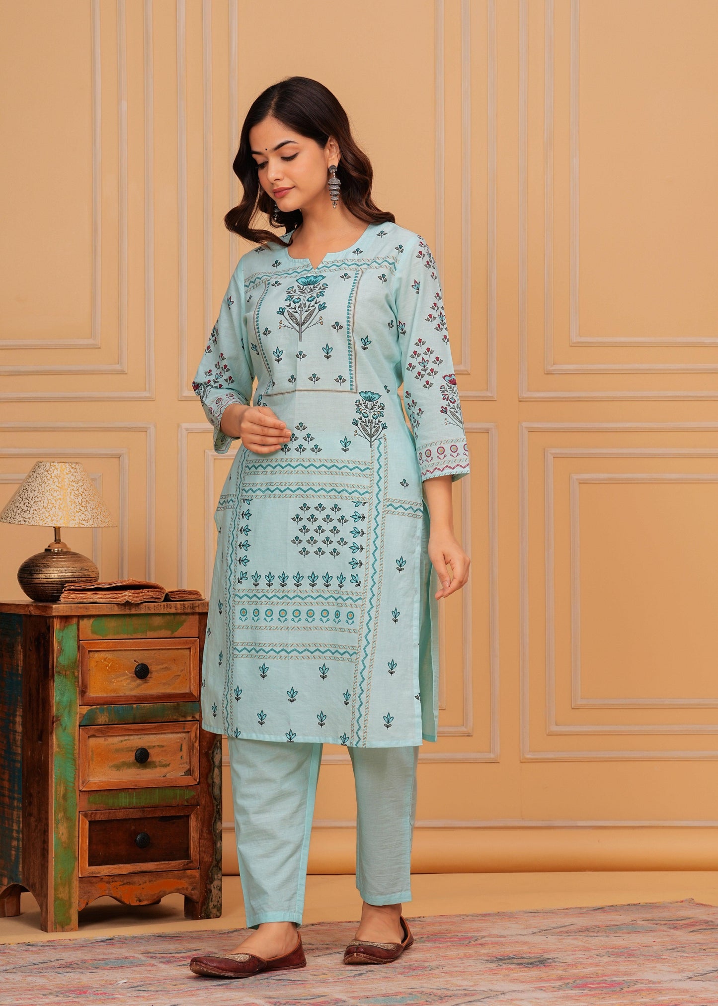 Pale Aqua Printed Cotton Kurta and Pant Set with Mulmul Dupatta