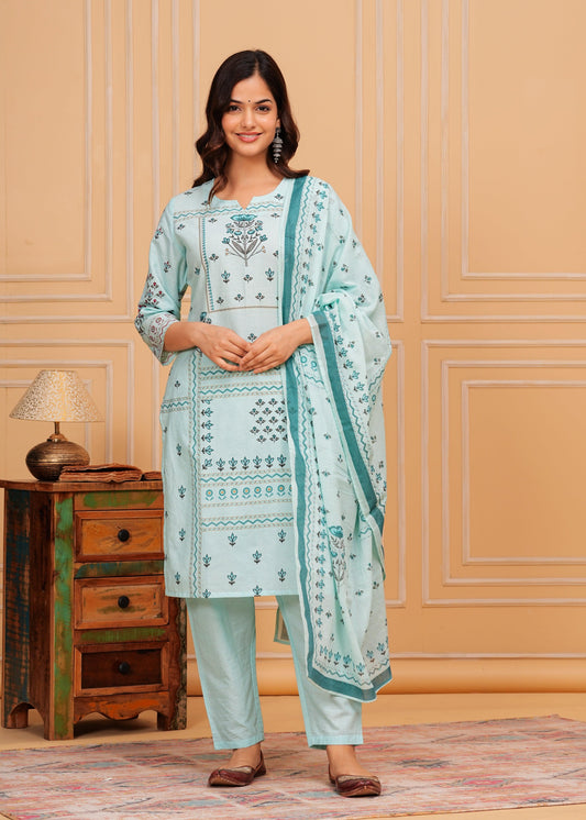 Pale Aqua Printed Cotton Kurta and Pant Set with Mulmul Dupatta