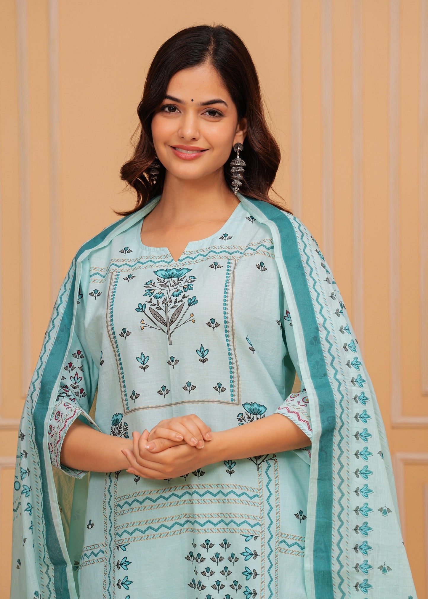 Pale Aqua Printed Cotton Kurta and Pant Set with Mulmul Dupatta