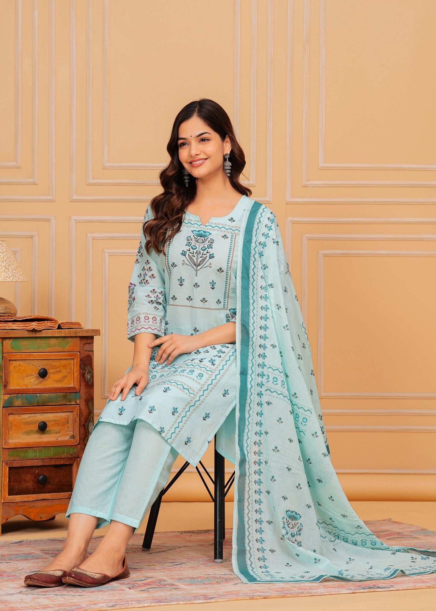 Pale Aqua Printed Cotton Kurta and Pant Set with Mulmul Dupatta