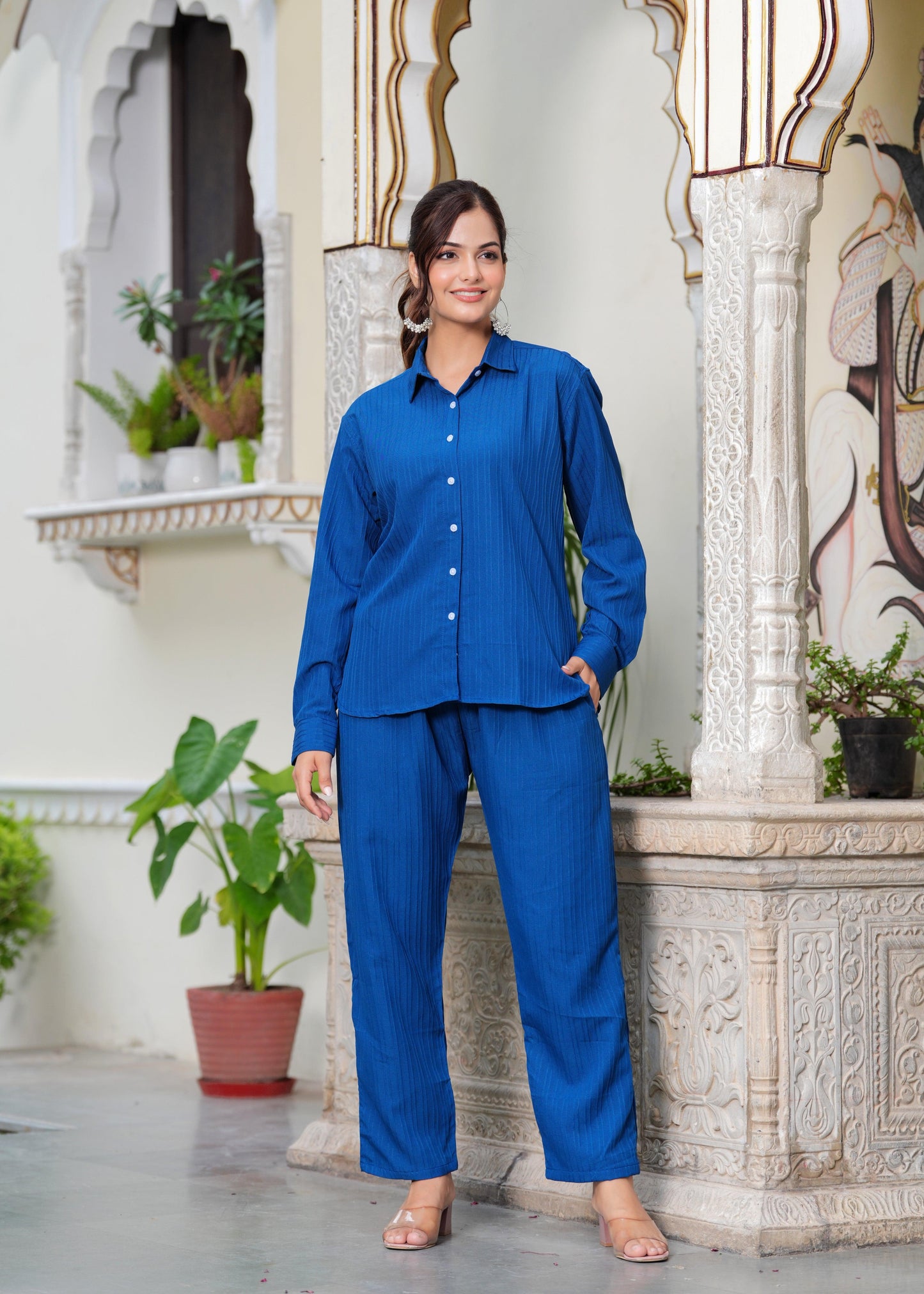 Sapphire Blue Textured Microfiber Co-Ord Set