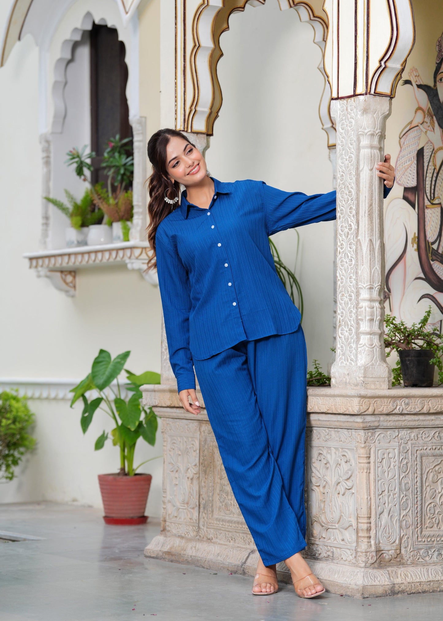 Sapphire Blue Textured Microfiber Co-Ord Set