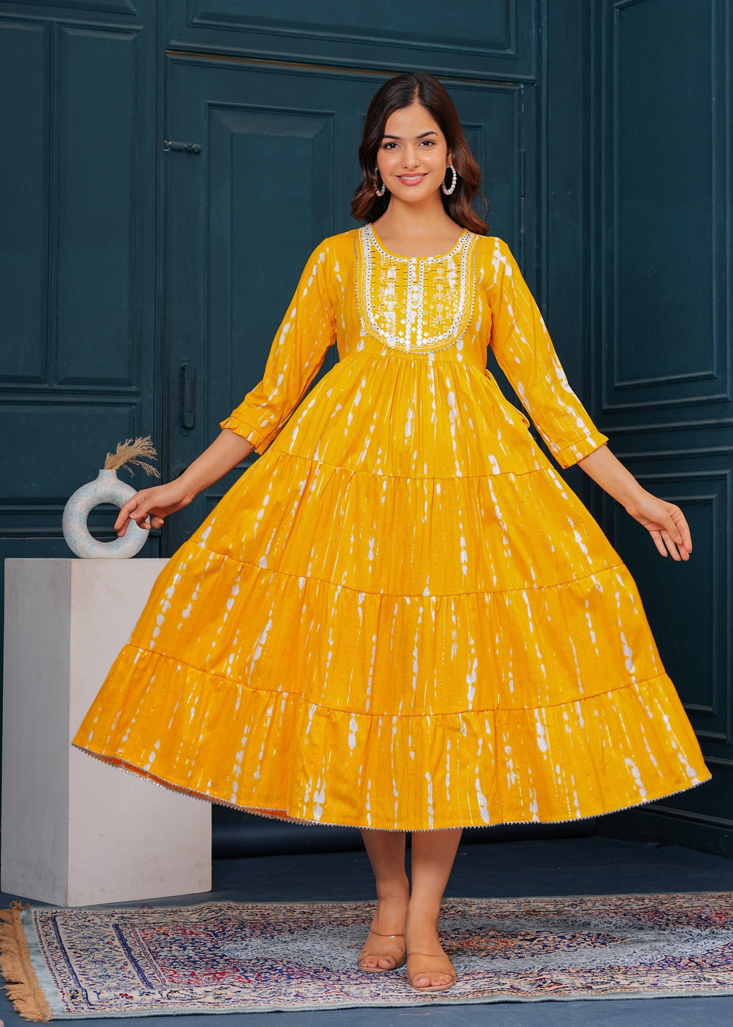 Chrome Yellow Embroidered Cotton Lurex Anarkali Gown