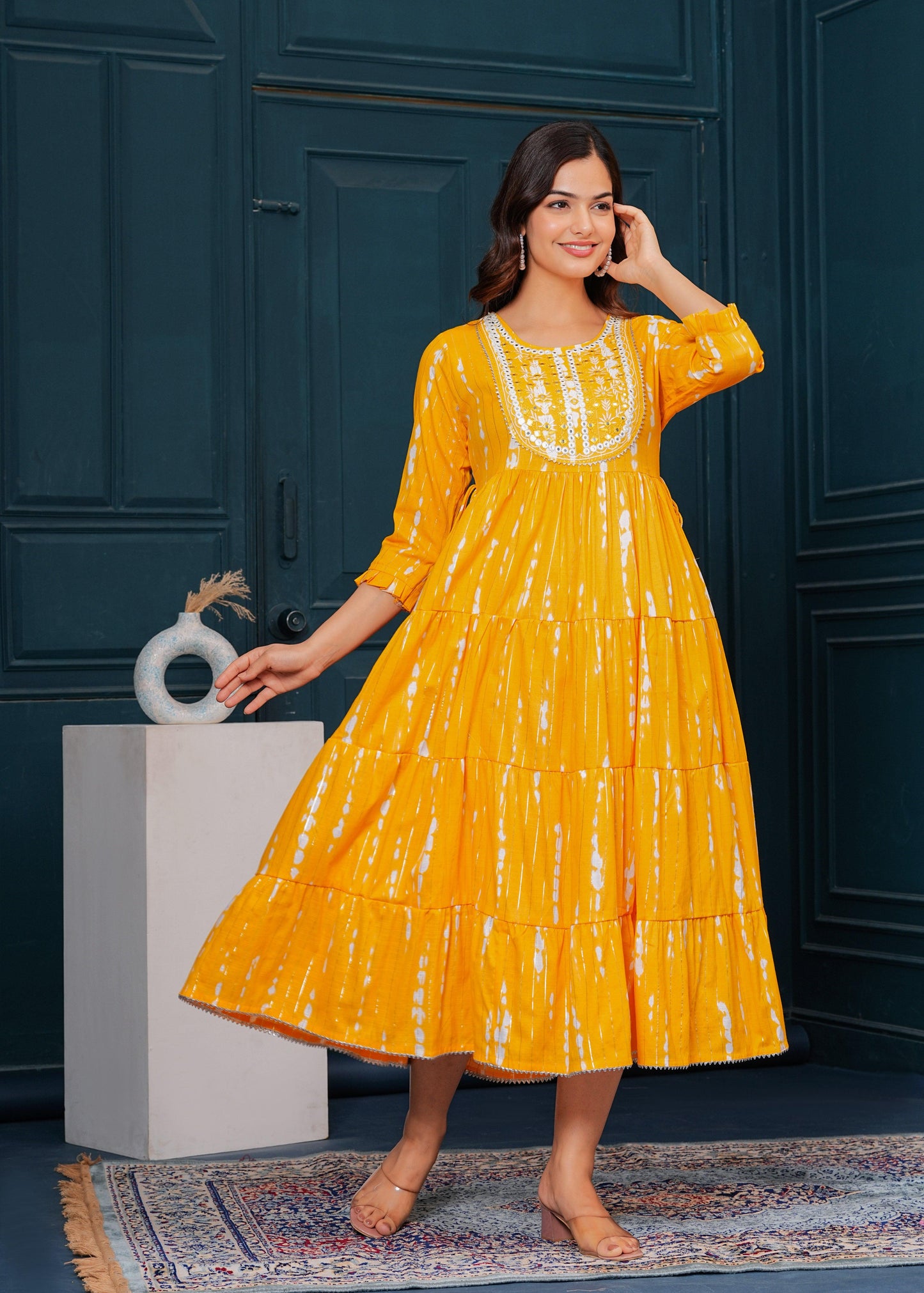 Chrome Yellow Embroidered Cotton Lurex Anarkali Gown