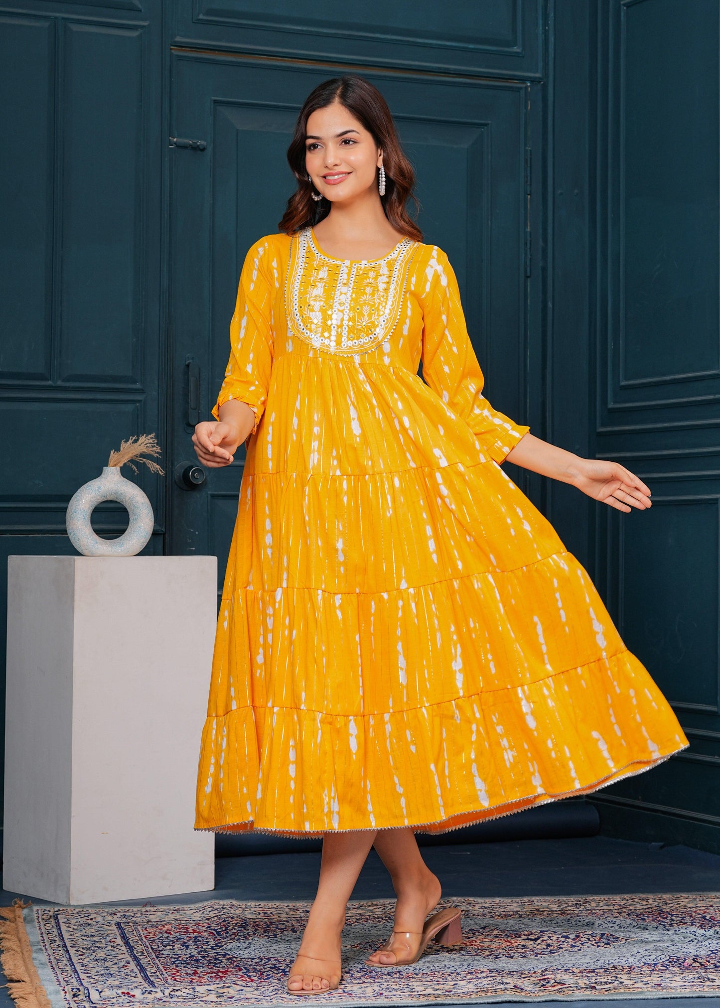 Chrome Yellow Embroidered Cotton Lurex Anarkali Gown