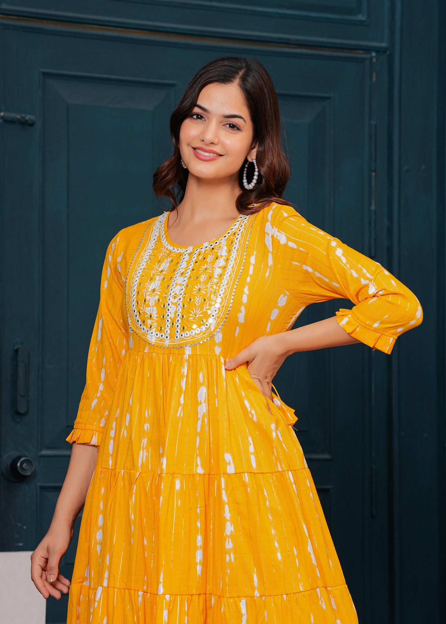 Chrome Yellow Embroidered Cotton Lurex Anarkali Gown