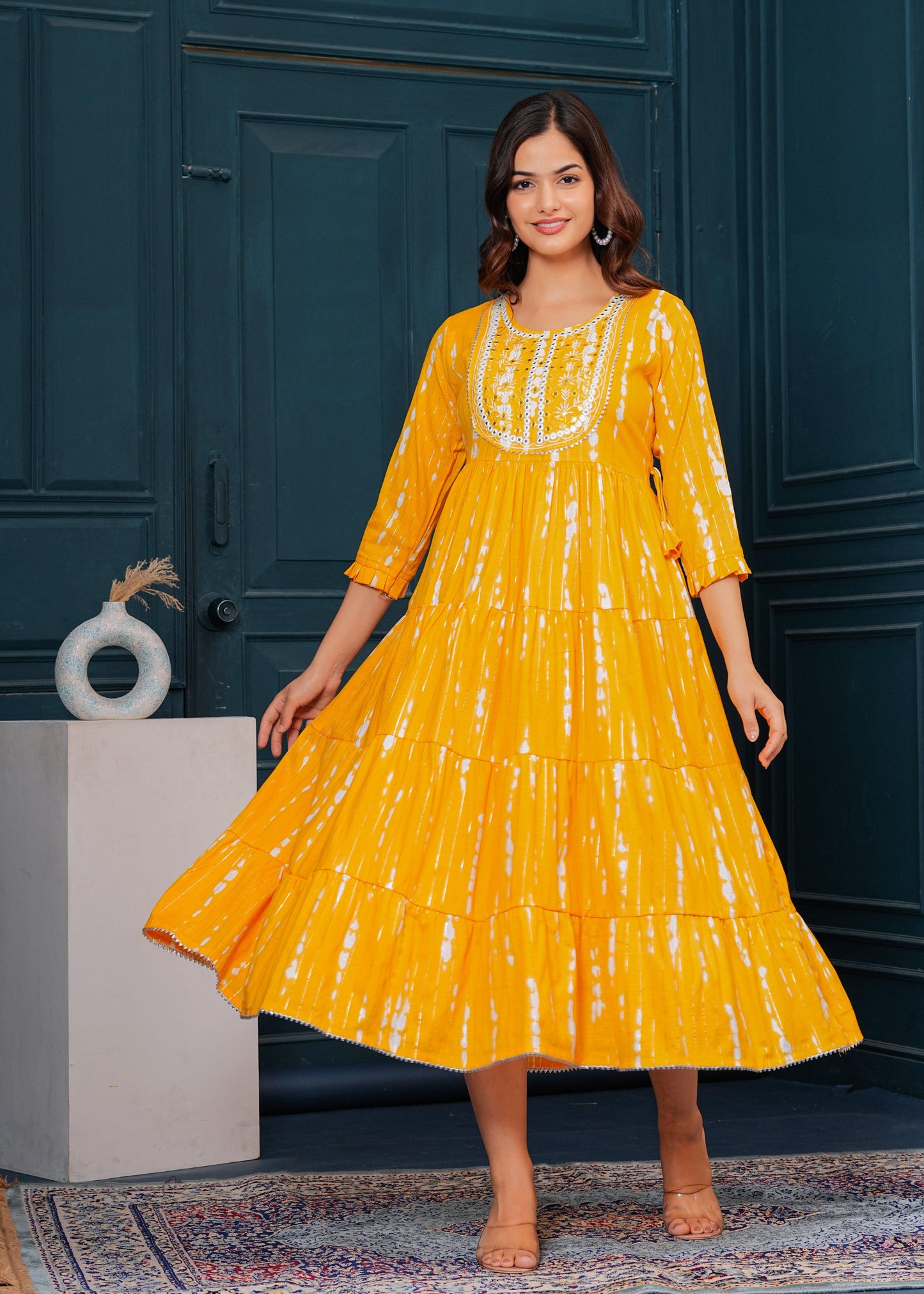 Chrome Yellow Embroidered Cotton Lurex Anarkali Gown