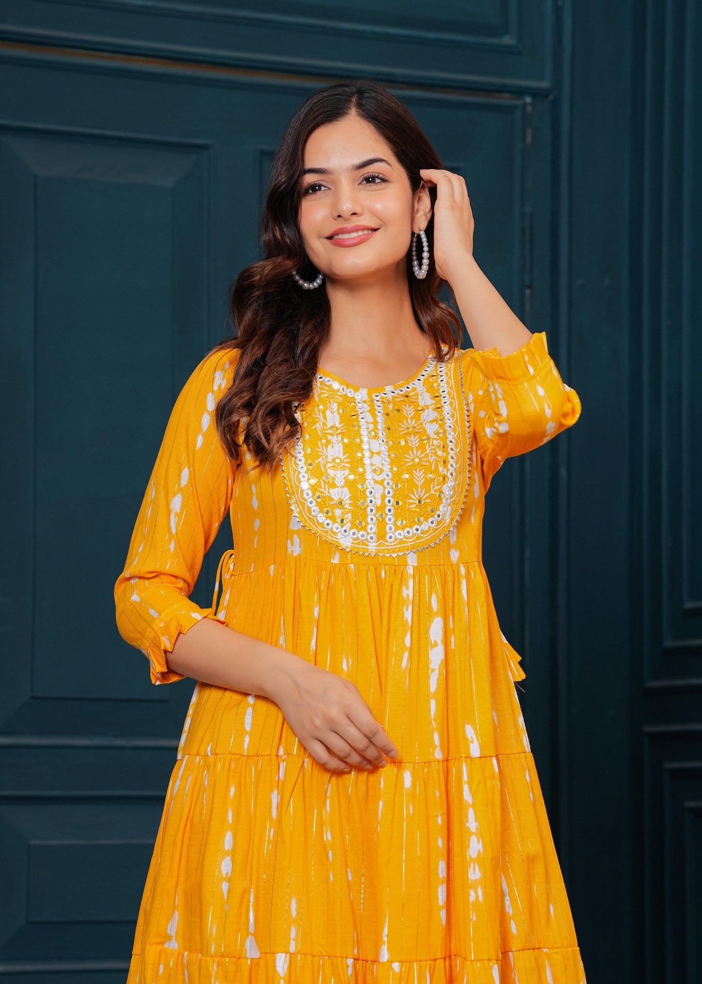 Chrome Yellow Embroidered Cotton Lurex Anarkali Gown