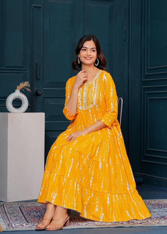 Chrome Yellow Embroidered Cotton Lurex Anarkali Gown