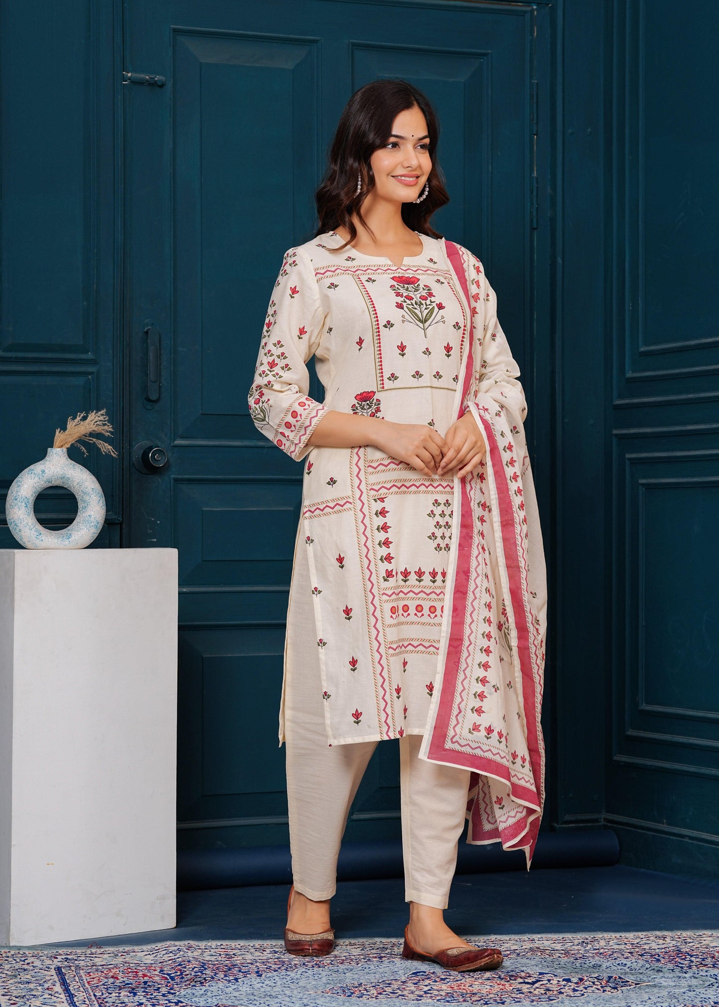 Beige Printed Cotton Kurta and Pant Set with Mulmul Dupatta