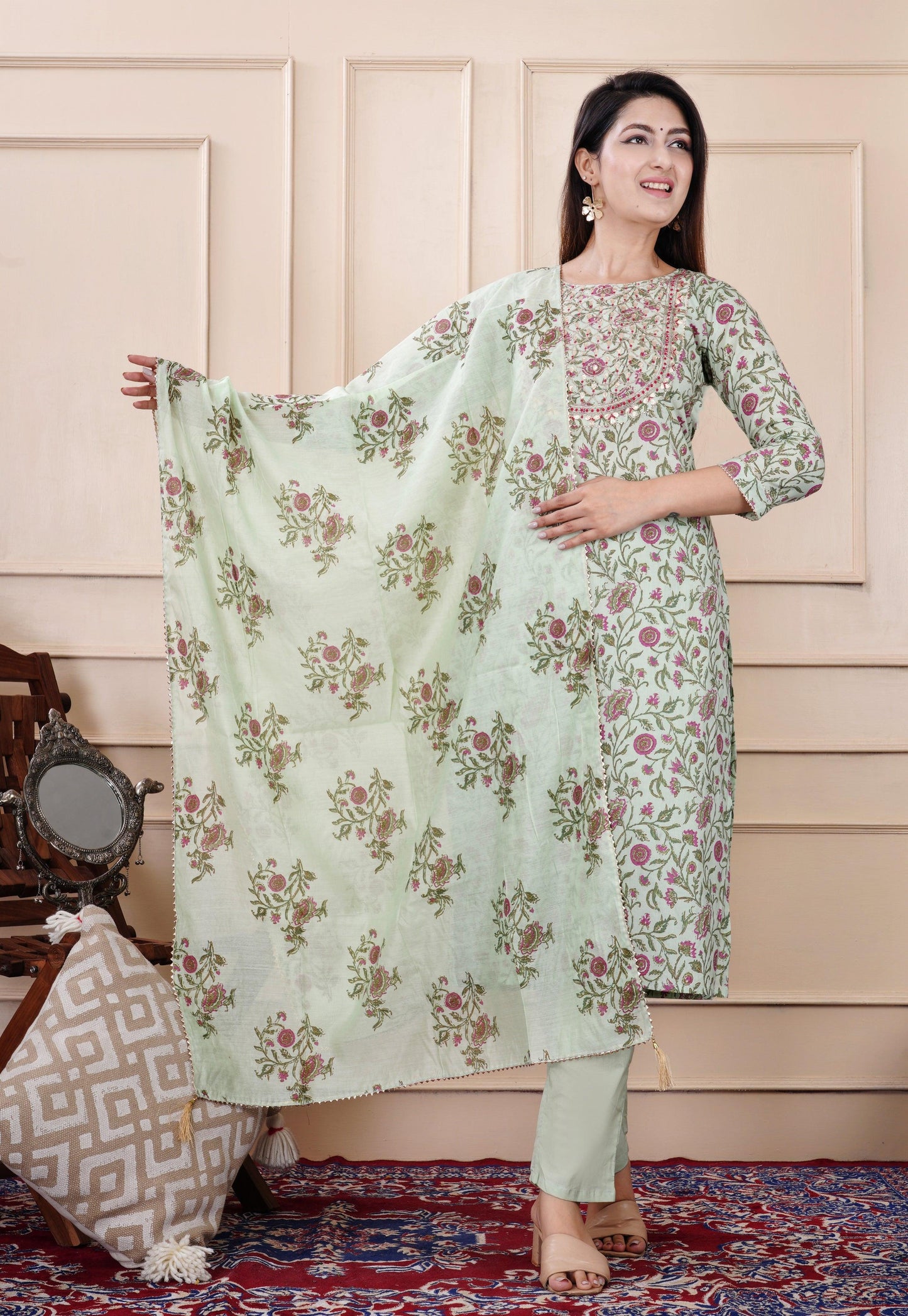 Tealish Green Embellished Cotton Suit Set with Dupatta