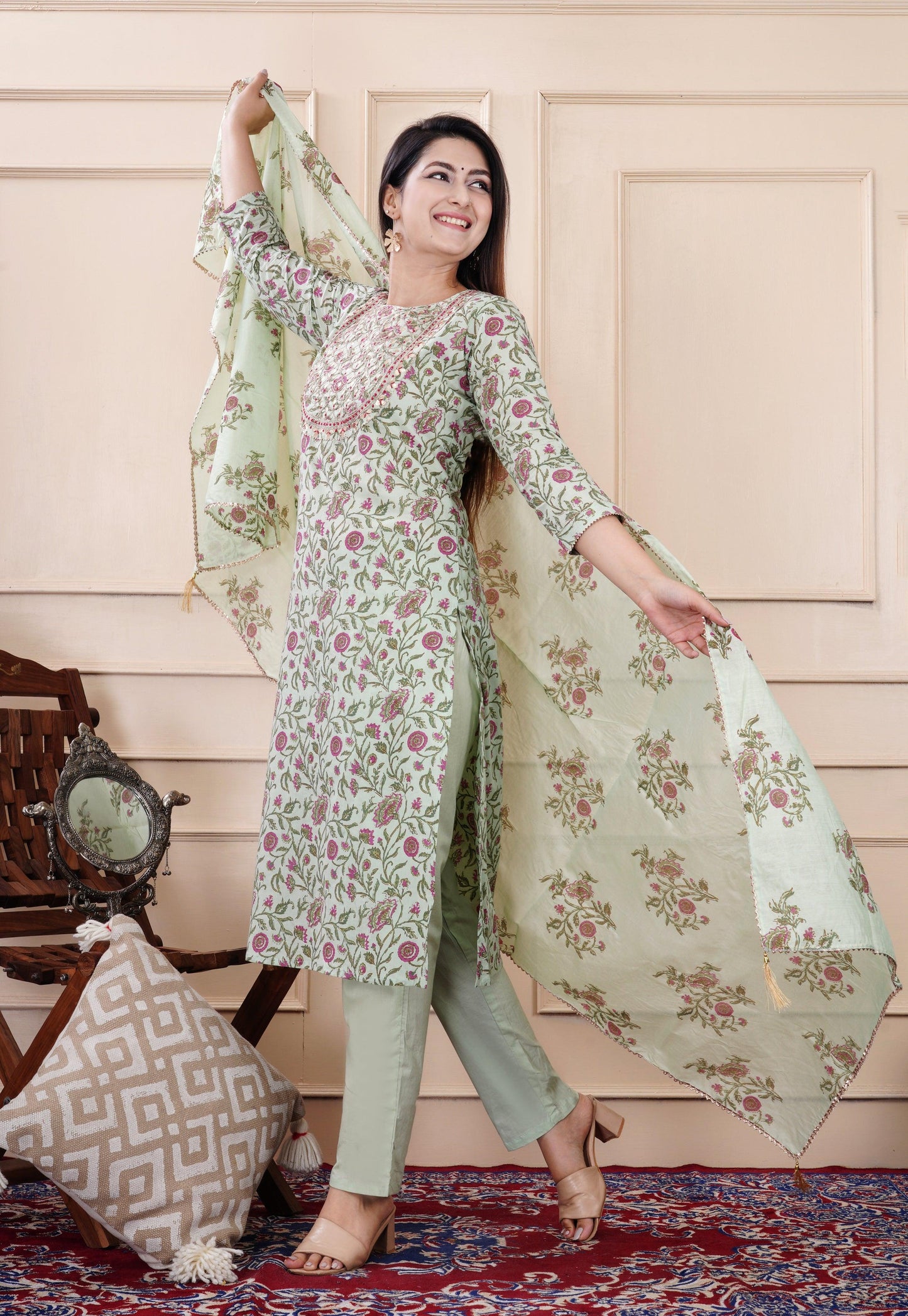 Tealish Green Embellished Cotton Suit Set with Dupatta