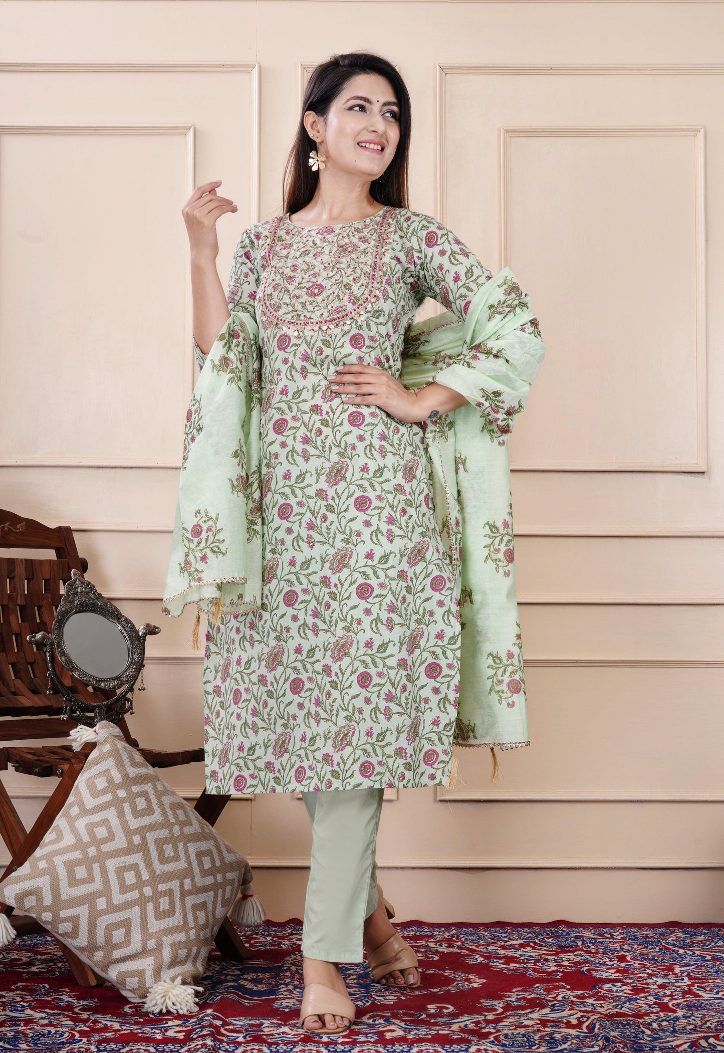 Tealish Green Embellished Cotton Suit Set with Dupatta