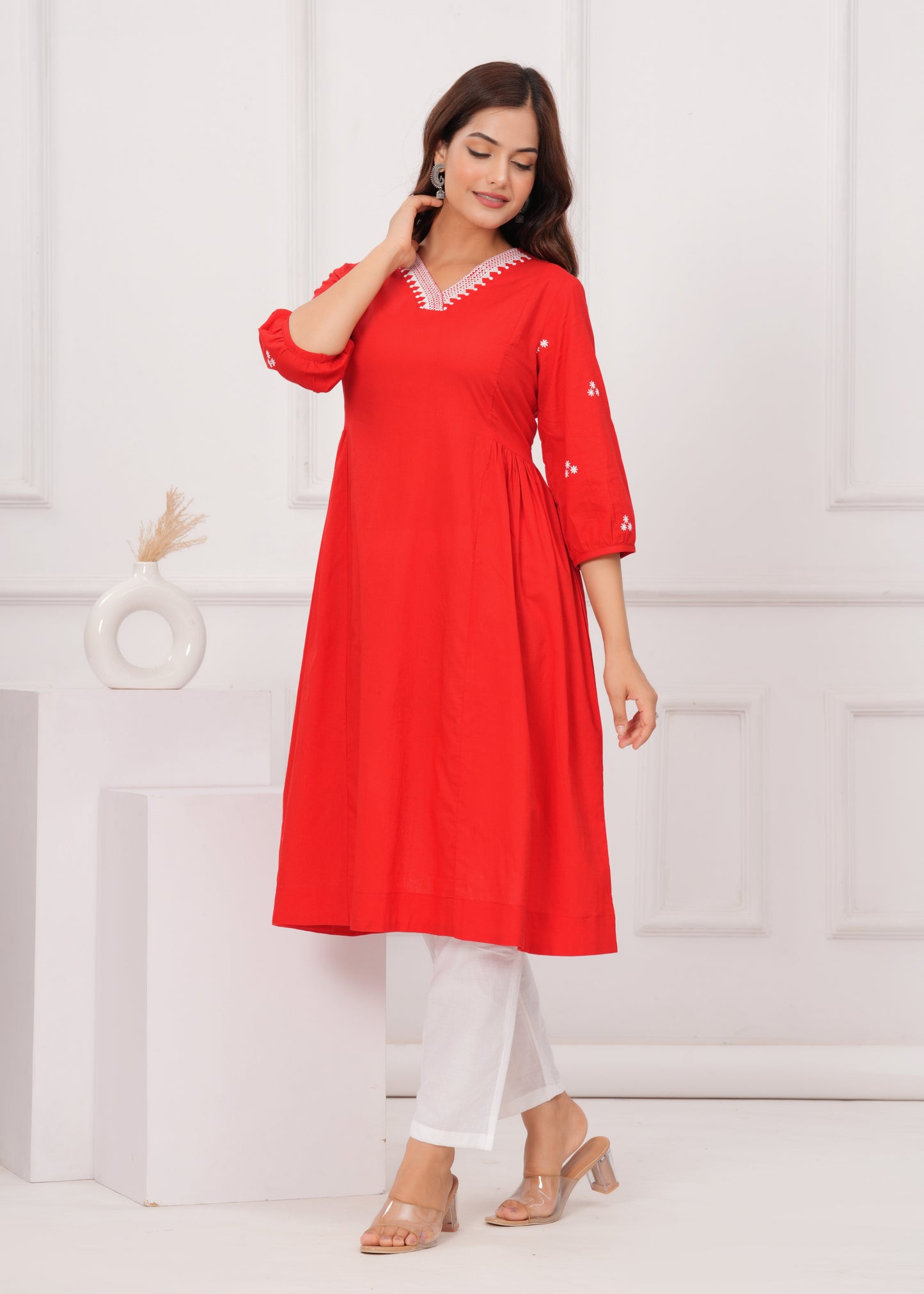 Red Embroidered Anarkali Kurta and Pant Set