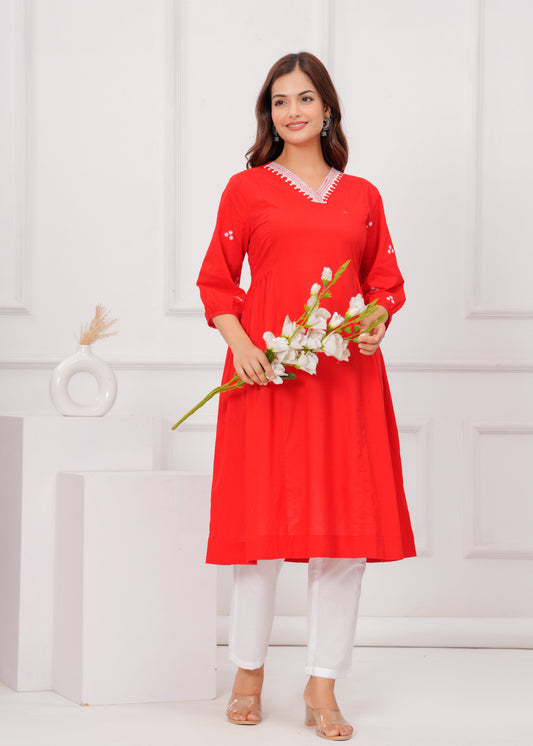 Red Embroidered Anarkali Kurta and Pant Set