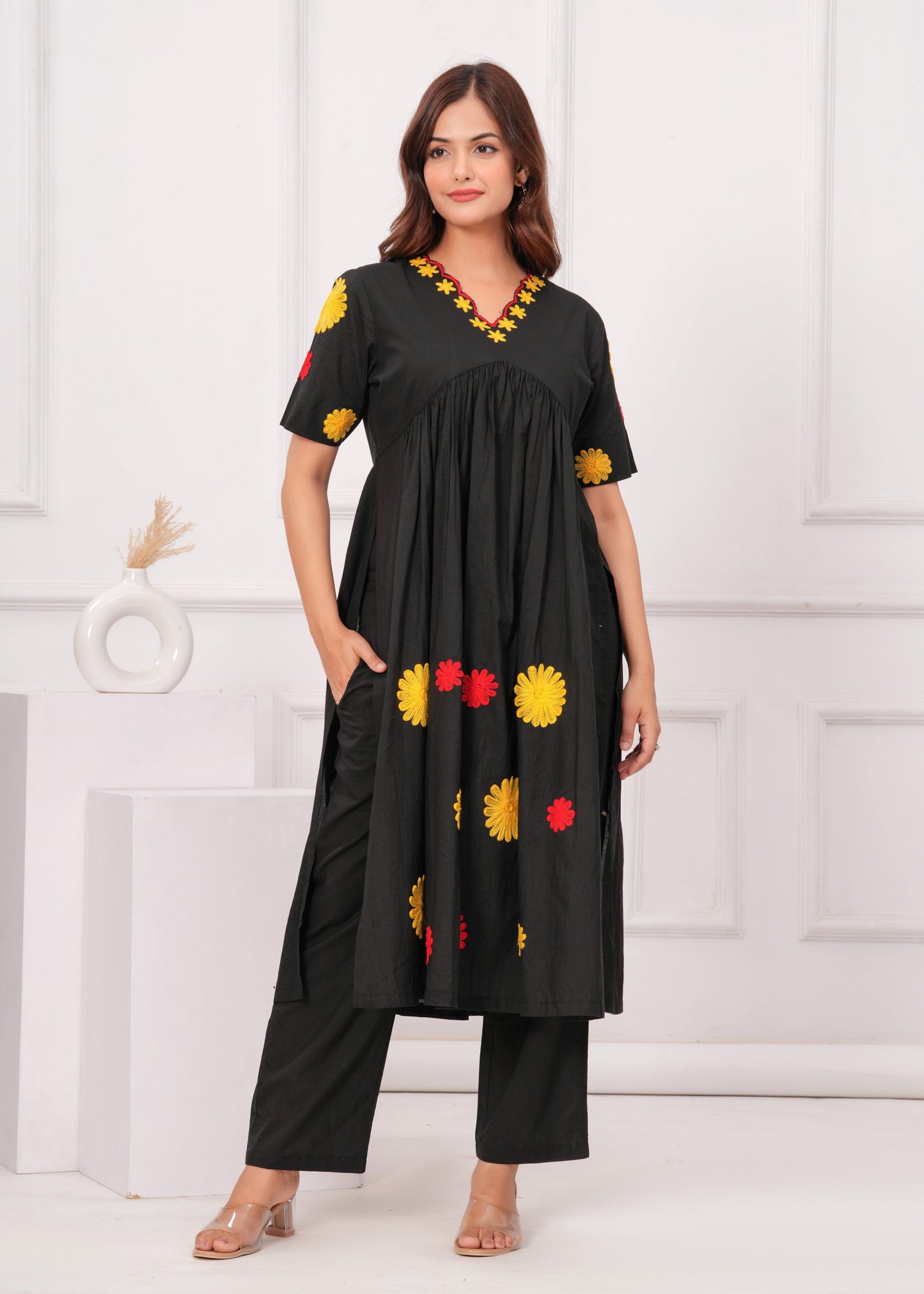 Embroidered Cotton Kurta and Pant Set