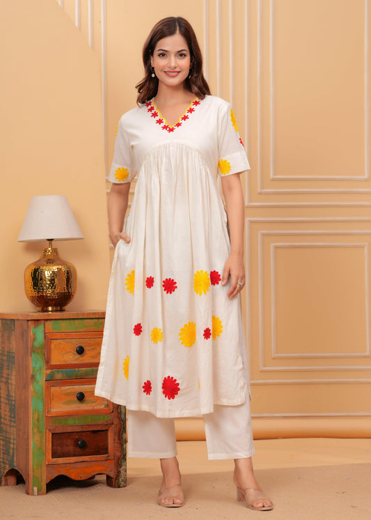 Embroidered Cotton Kurta and Pant Set