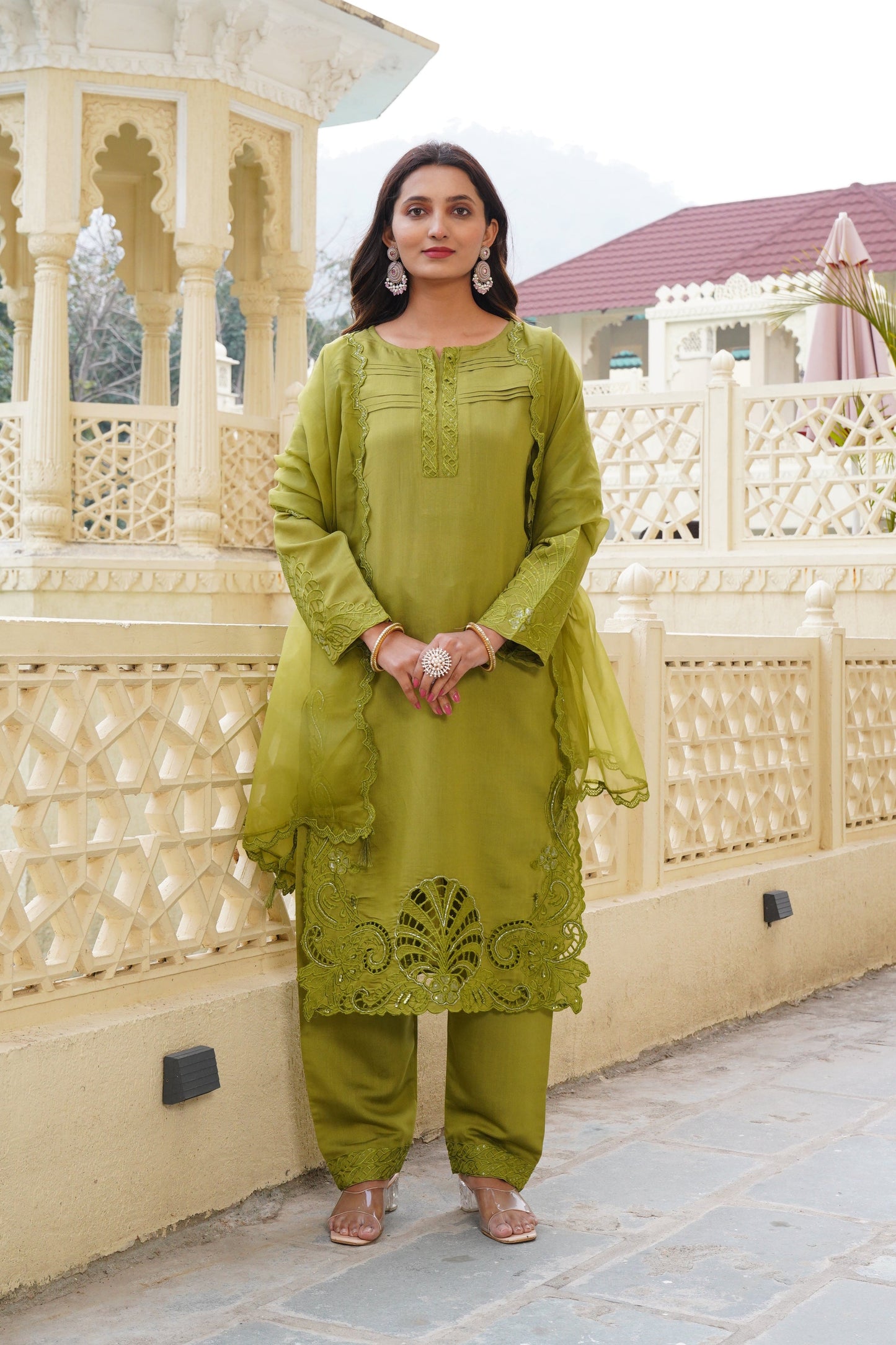 Light Green Ragga Roman Silk Slub Khatli Cut work Suit Set with Organza Dupatta