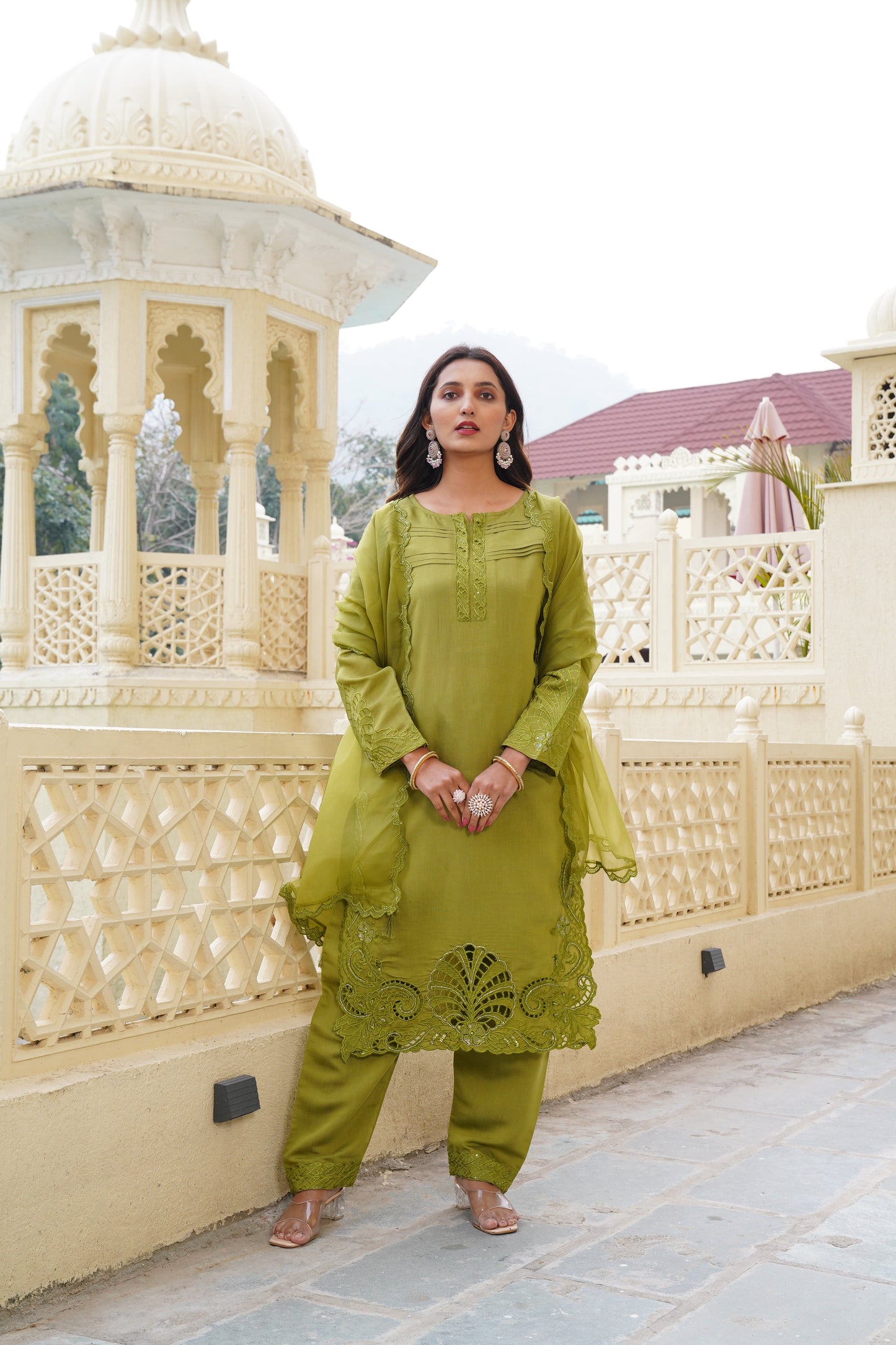 Light Green Ragga Roman Silk Slub Khatli Cut work Suit Set with Organza Dupatta