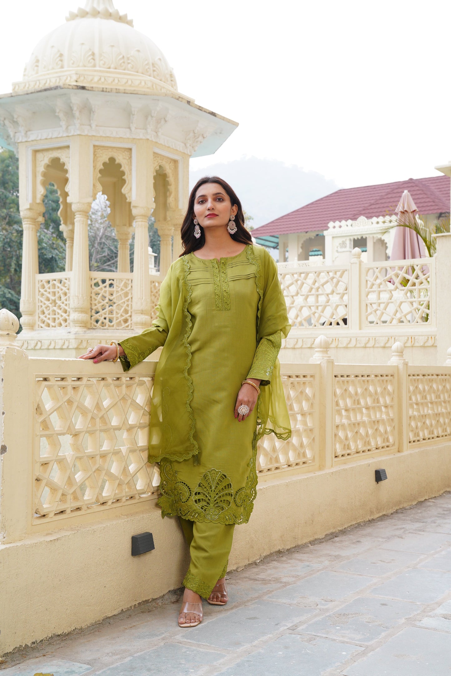 Light Green Ragga Roman Silk Slub Khatli Cut work Suit Set with Organza Dupatta